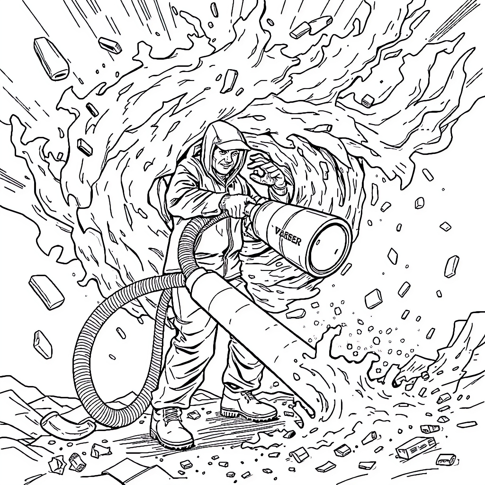 Man braving a powerful storm with determination Coloring Page (free black-and-white line drawing printable PDF for all, from beginners to advanced learners, including children, teens, adults, and seniors)