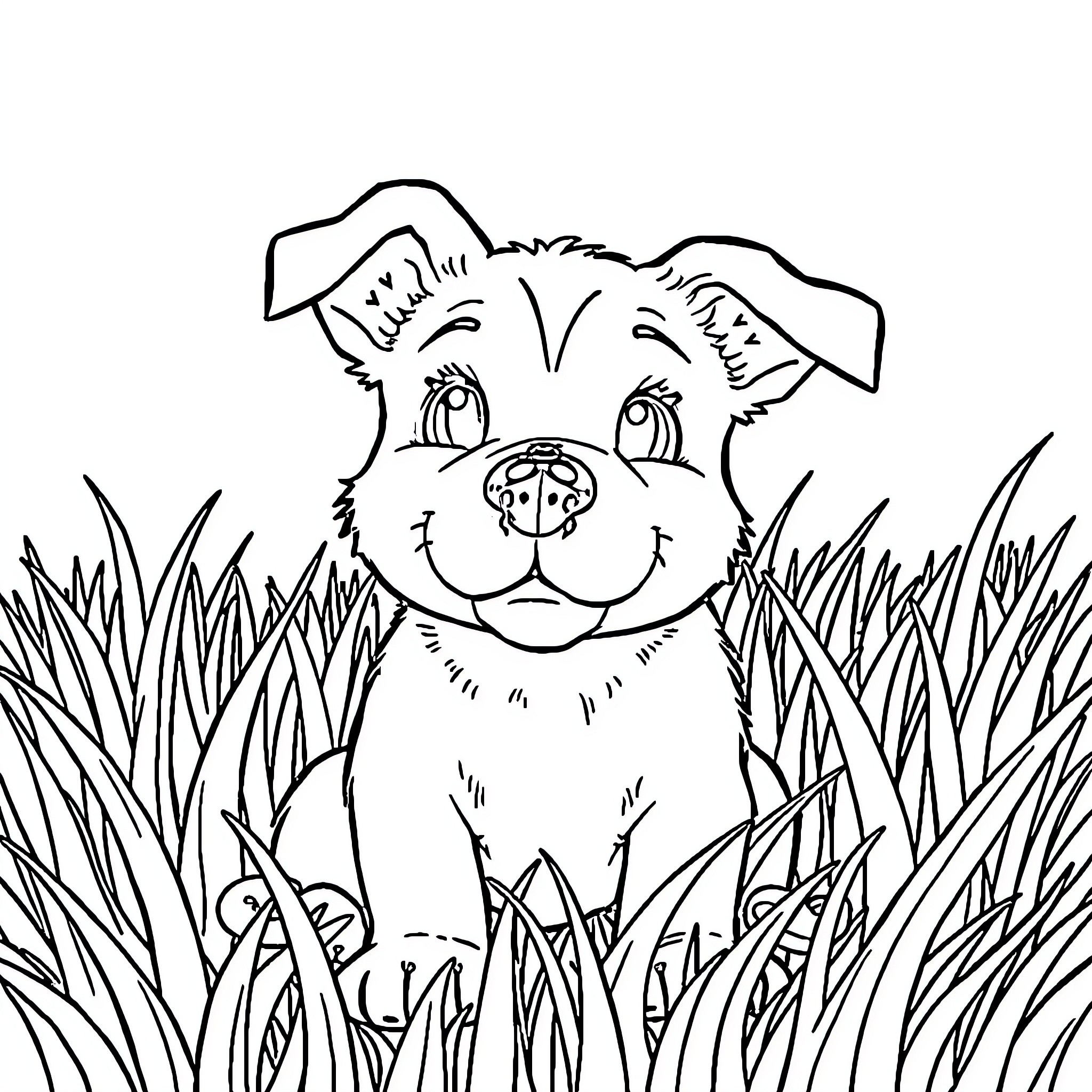 Dog peeking through tall grass Coloring Page (free black-and-white line drawing printable PDF for all, from beginners to advanced learners, including children, teens, adults, and seniors)
