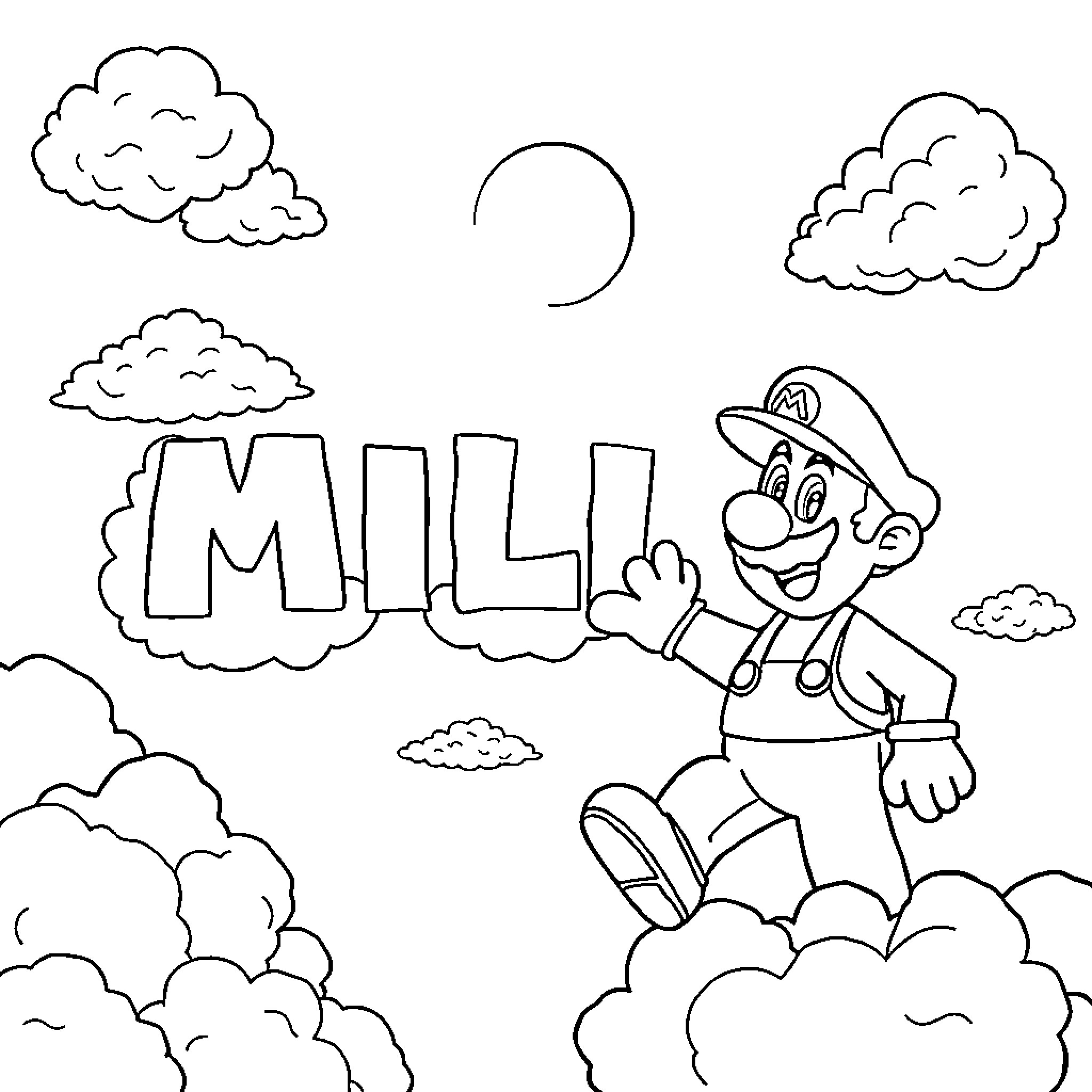 Mario jumping on clouds with text Coloring Page (free black-and-white line drawing printable PDF for all, from beginners to advanced learners, including children, teens, adults, and seniors)