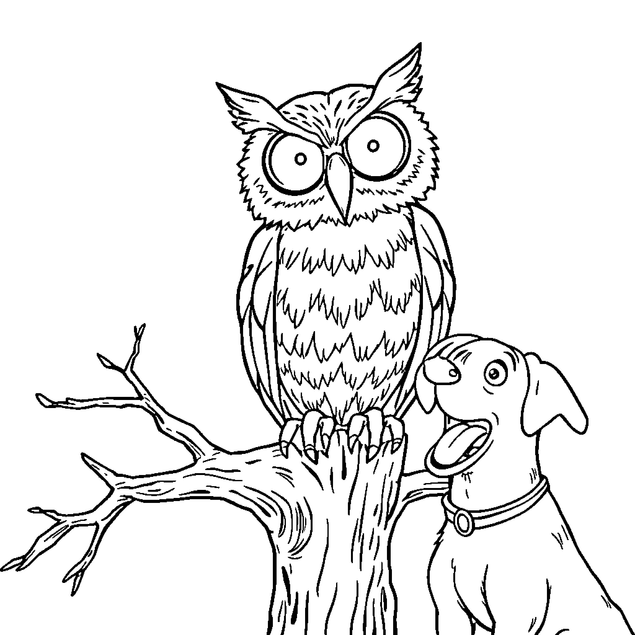 Owl perched on a tree branch with a dog Coloring Page (free black-and-white line drawing printable PDF for all, from beginners to advanced learners, including children, teens, adults, and seniors)