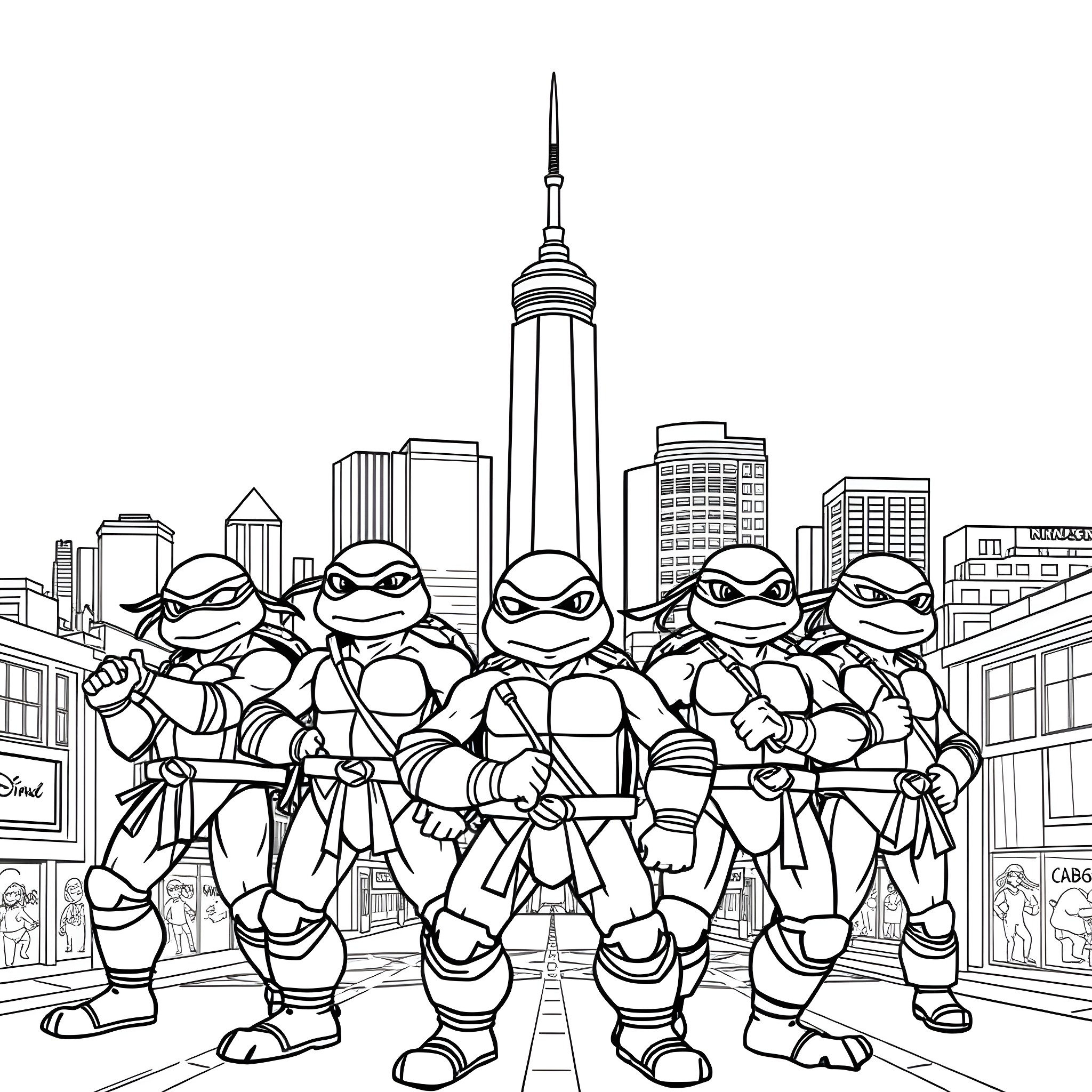 Ninja Turtles exploring the city skyline Coloring Page (free black-and-white line drawing printable PDF for all, from beginners to advanced learners, including children, teens, adults, and seniors)