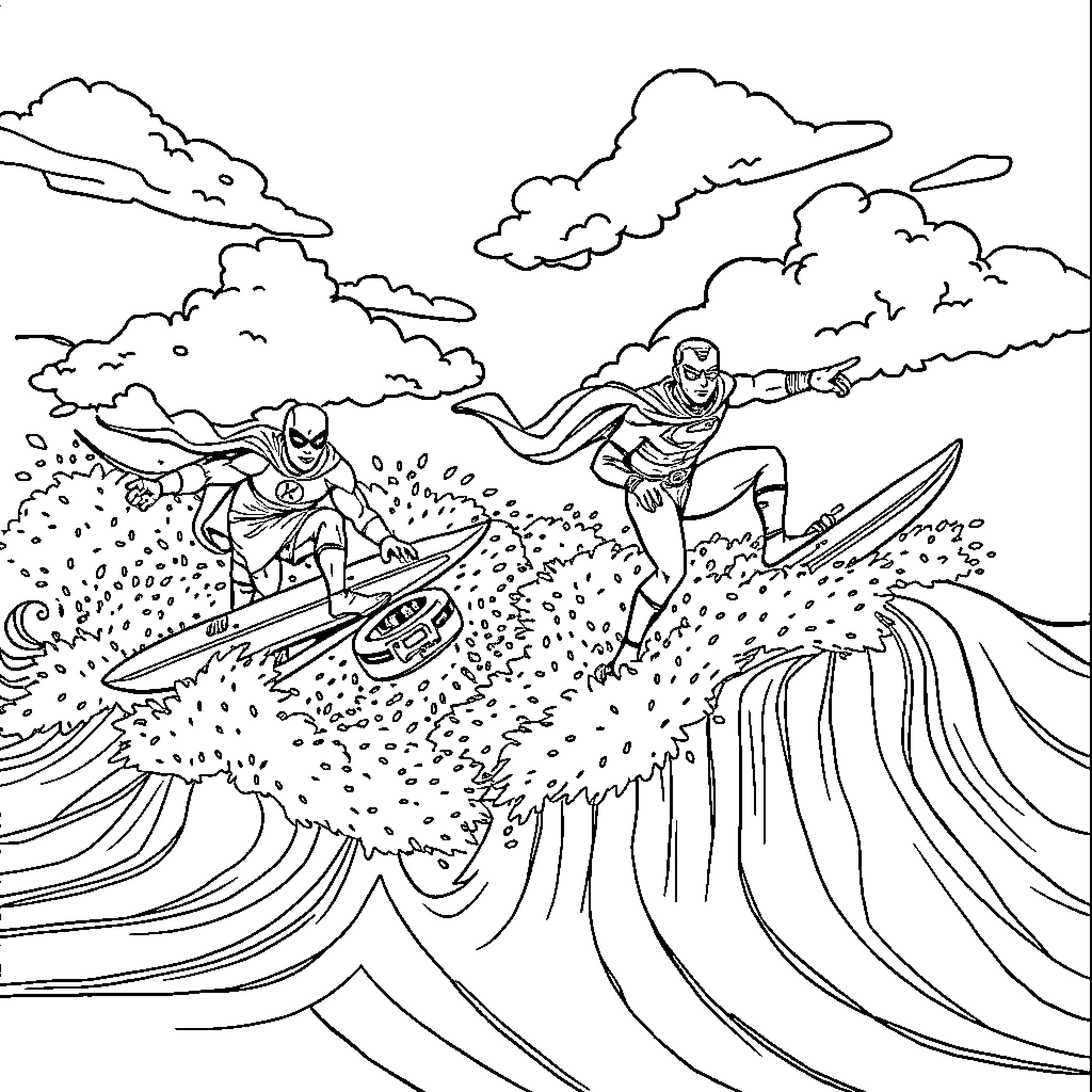 Superheroes surfing on powerful waves Coloring Page (free black-and-white line drawing printable PDF for all, from beginners to advanced learners, including children, teens, adults, and seniors)