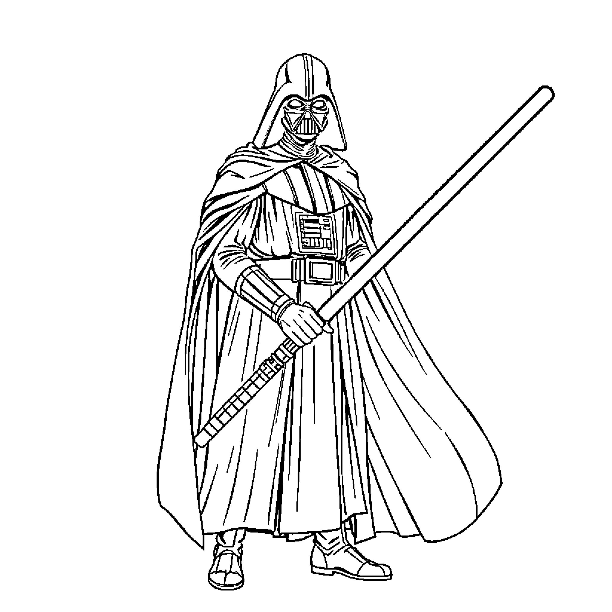 Darth Vader Wields Powerful Lightsaber Coloring Page (free black-and-white line drawing printable PDF for all, from beginners to advanced learners, including children, teens, adults, and seniors)