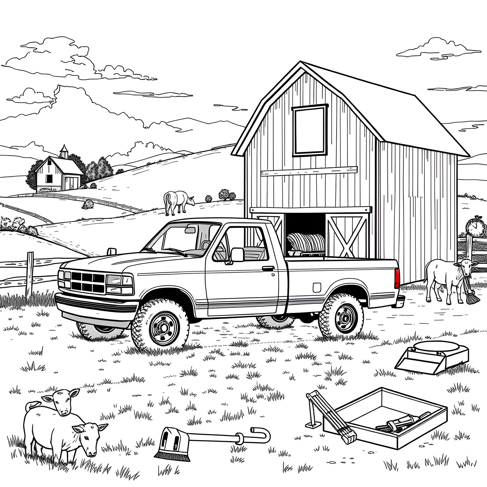 Pickup truck in the countryside with a barn Coloring Page (free black-and-white line drawing printable PDF for all, from beginners to advanced learners, including children, teens, adults, and seniors)
