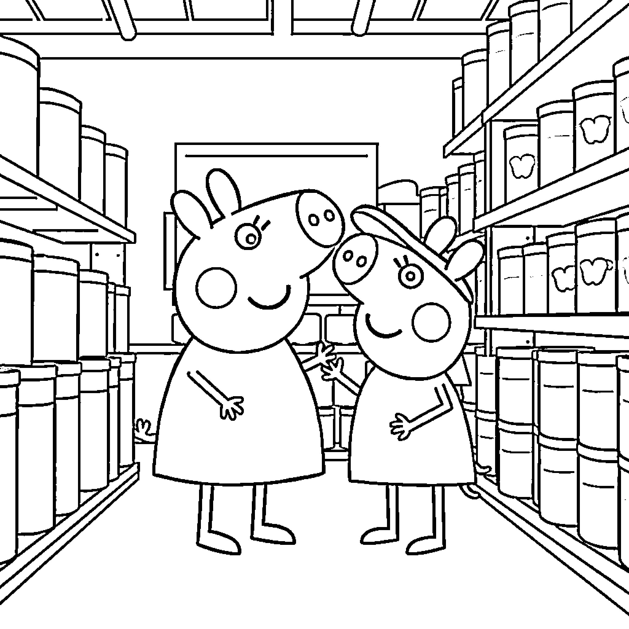 Peppa Pig and her friend shopping in the market Coloring Page (free black-and-white line drawing printable PDF for all, from beginners to advanced learners, including children, teens, adults, and seniors)