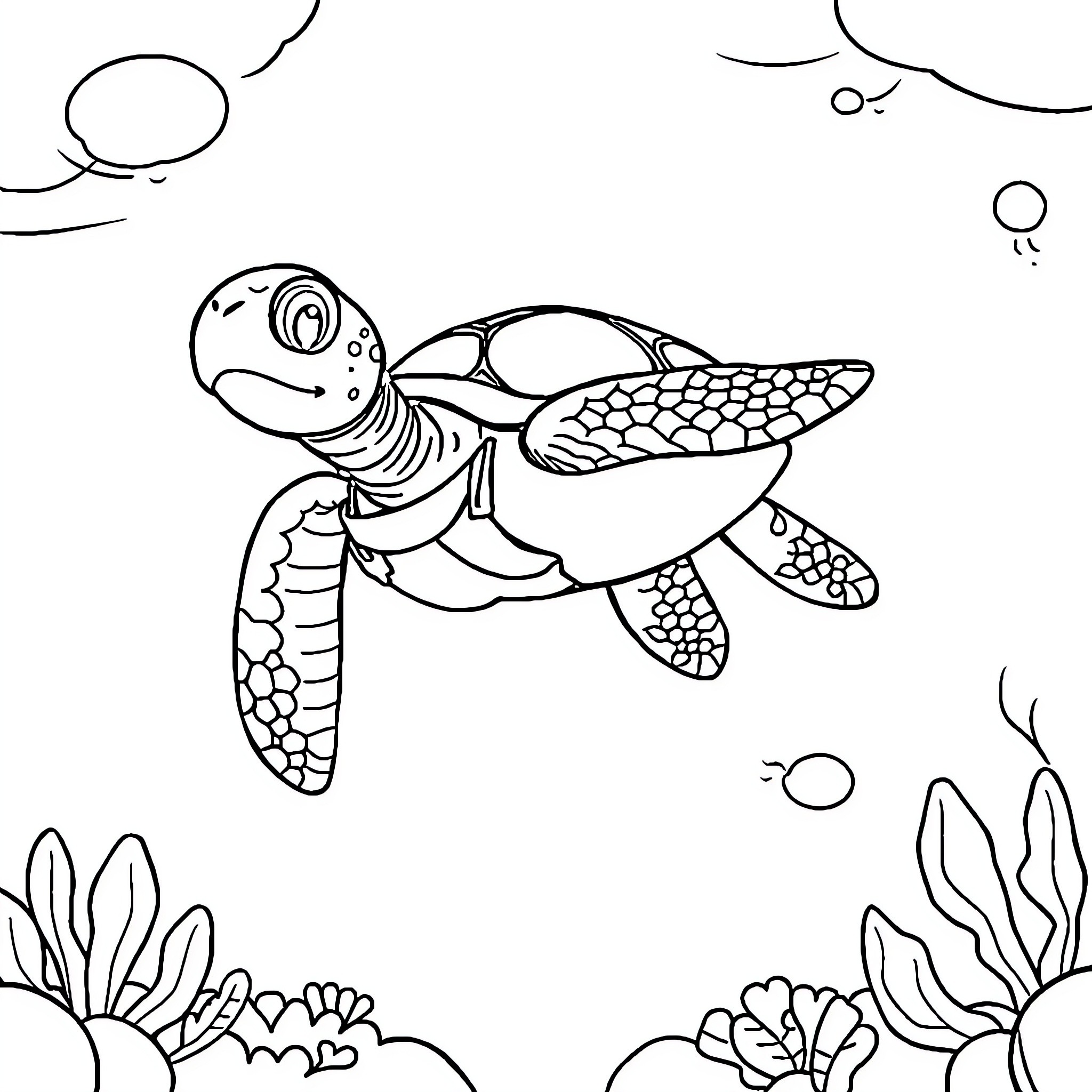 Sea Turtle swimming through underwater plants Coloring Page (free black-and-white line drawing printable PDF for all, from beginners to advanced learners, including children, teens, adults, and seniors)