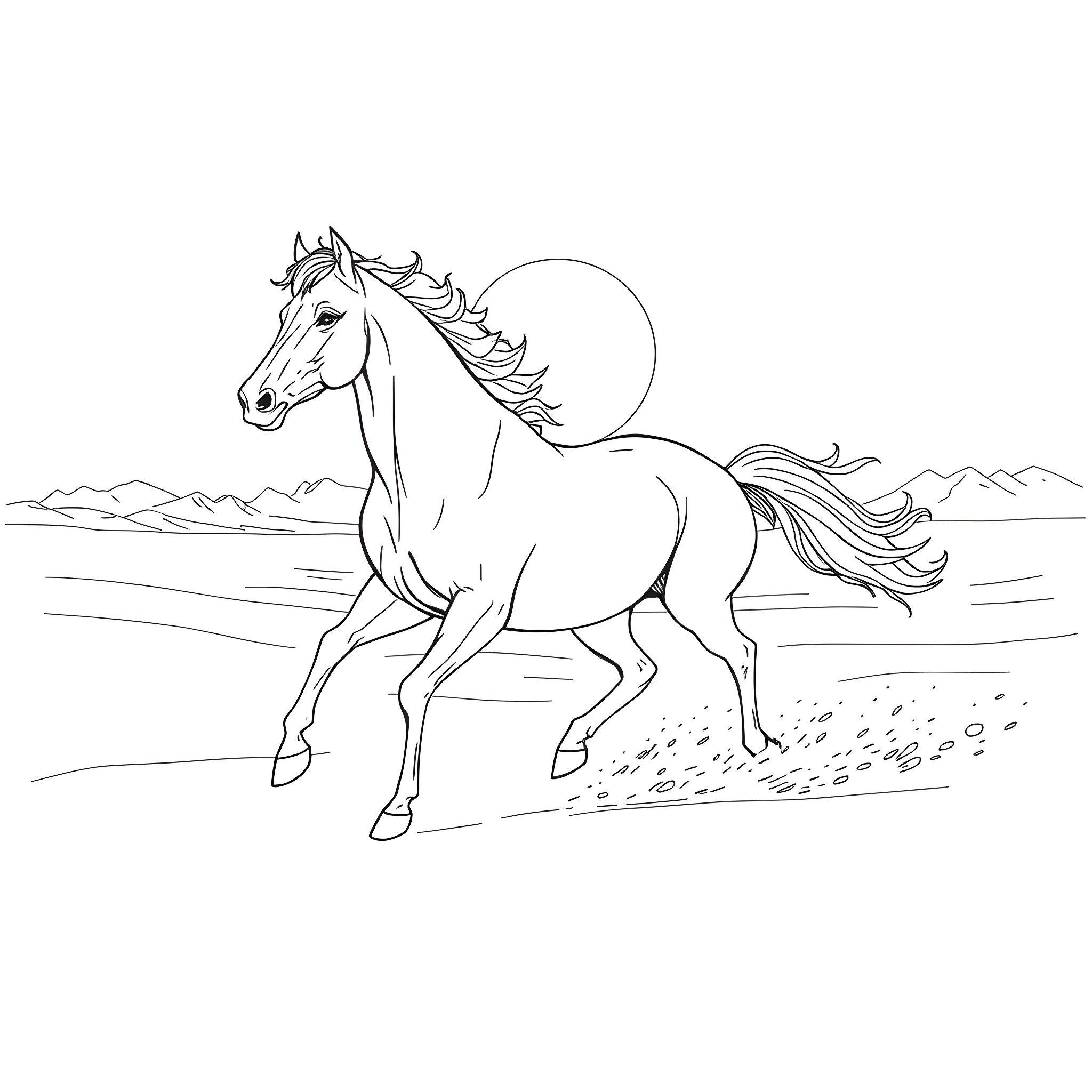 Horse running freely in the open field Coloring Page (free black-and-white line drawing printable PDF for all, from beginners to advanced learners, including children, teens, adults, and seniors)