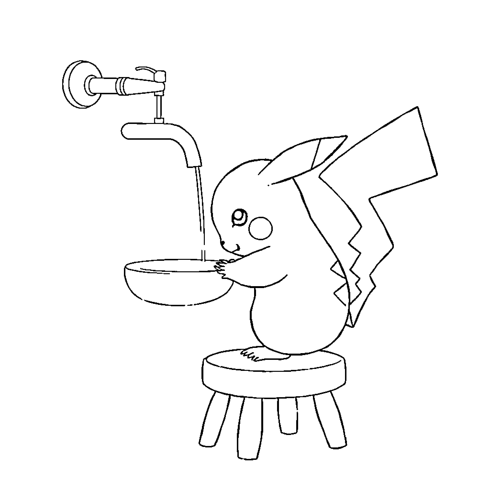 Pikachu washing its face at the sink Coloring Page (free black-and-white line drawing printable PDF for all, from beginners to advanced learners, including children, teens, adults, and seniors)