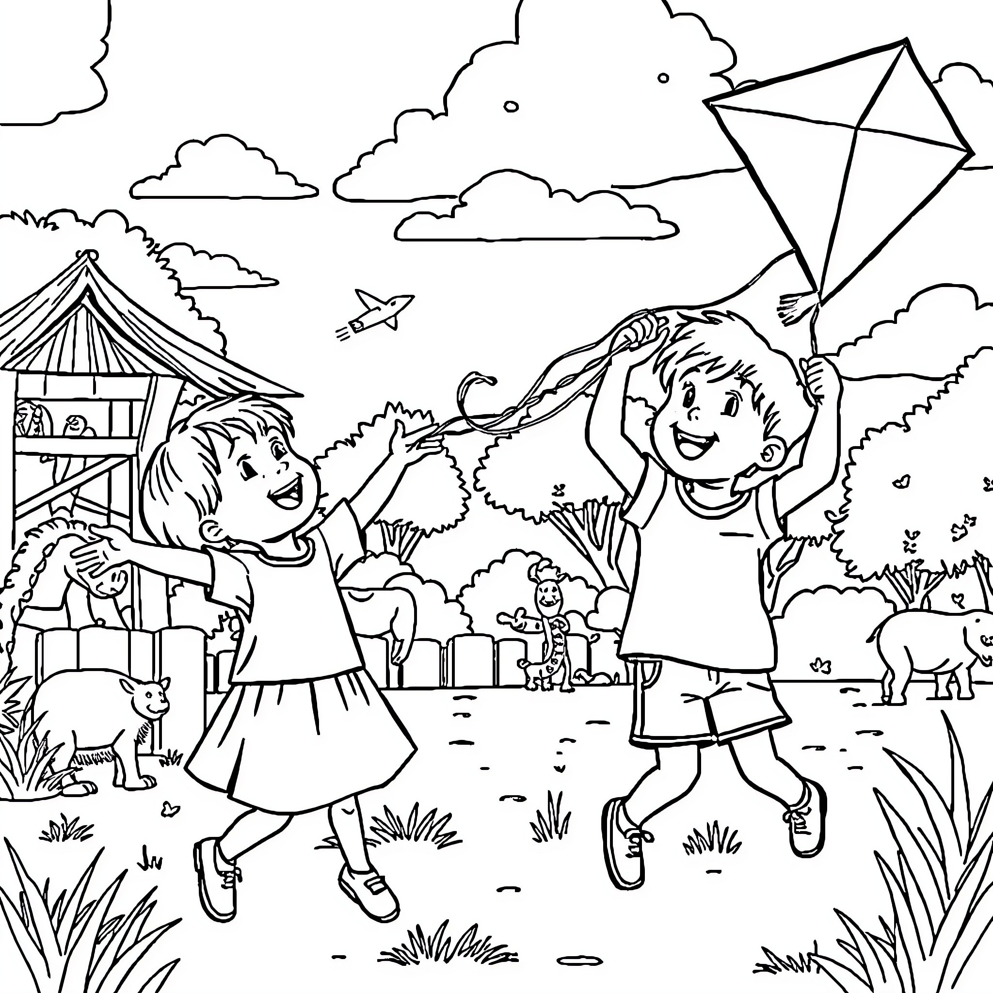 Kids flying kites in the countryside Coloring Page (free black-and-white line drawing printable PDF for all, from beginners to advanced learners, including children, teens, adults, and seniors)