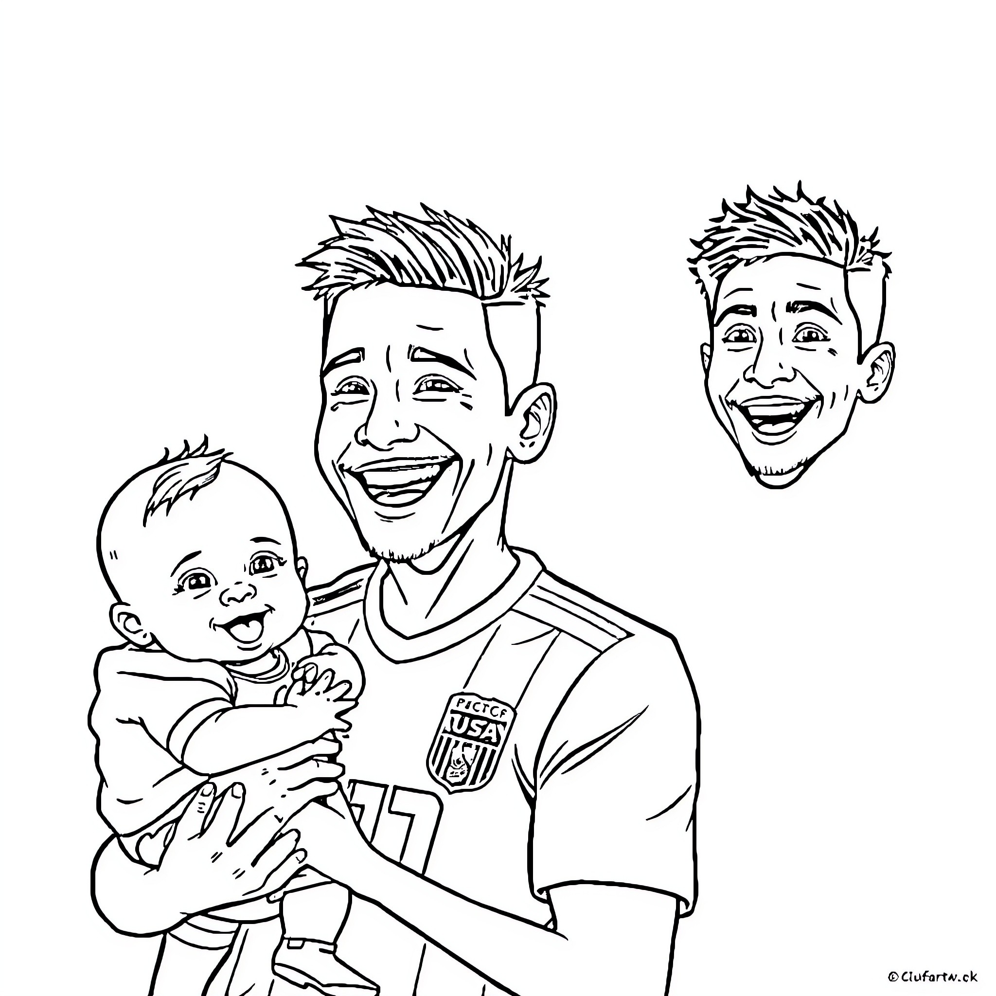 Boy happily holding baby with cheerful expressions Coloring Page (free black-and-white line drawing printable PDF for all, from beginners to advanced learners, including children, teens, adults, and seniors)