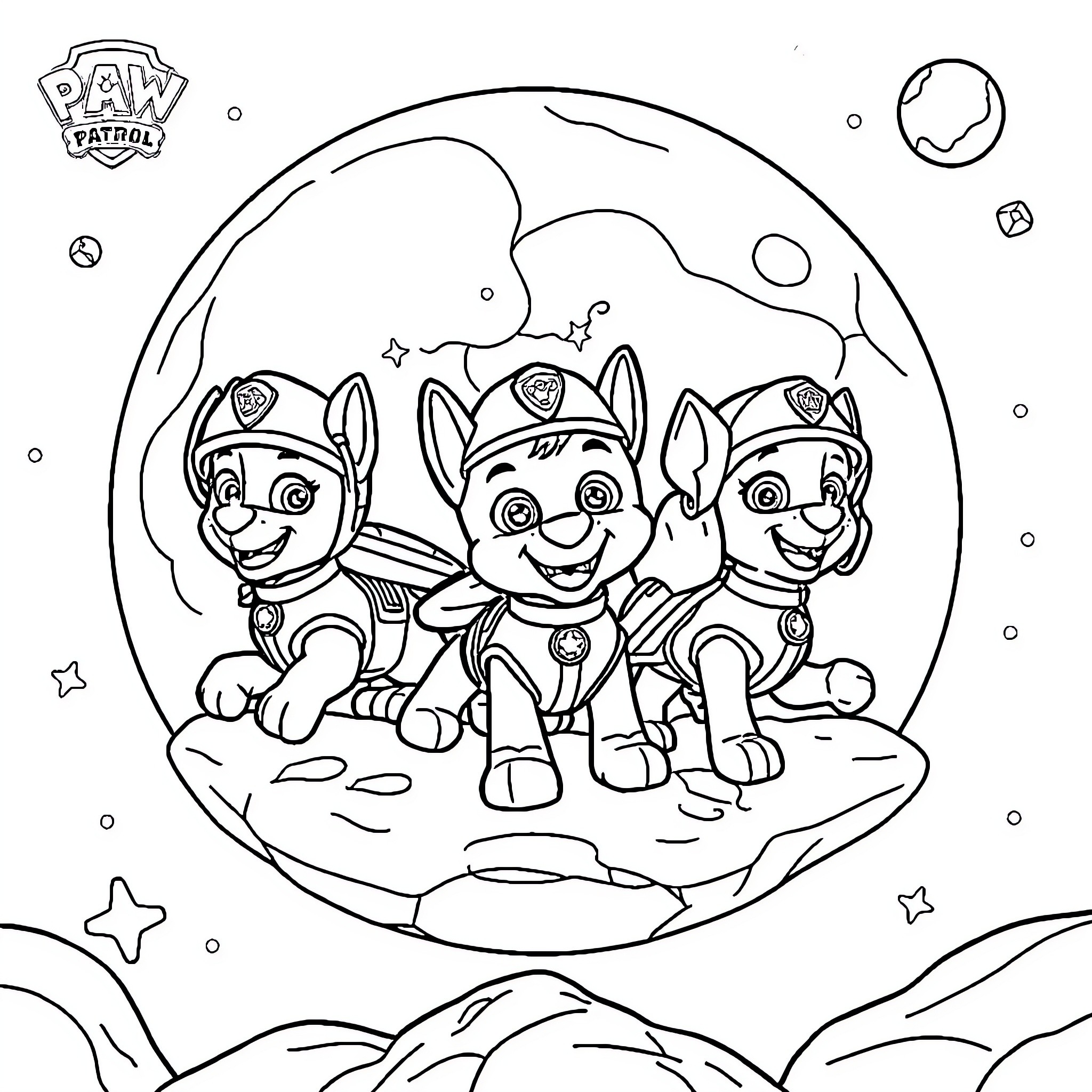 Paw Patrol Trio Exploring the Cosmic Landscape Coloring Page (free black-and-white line drawing printable PDF for all, from beginners to advanced learners, including children, teens, adults, and seniors)