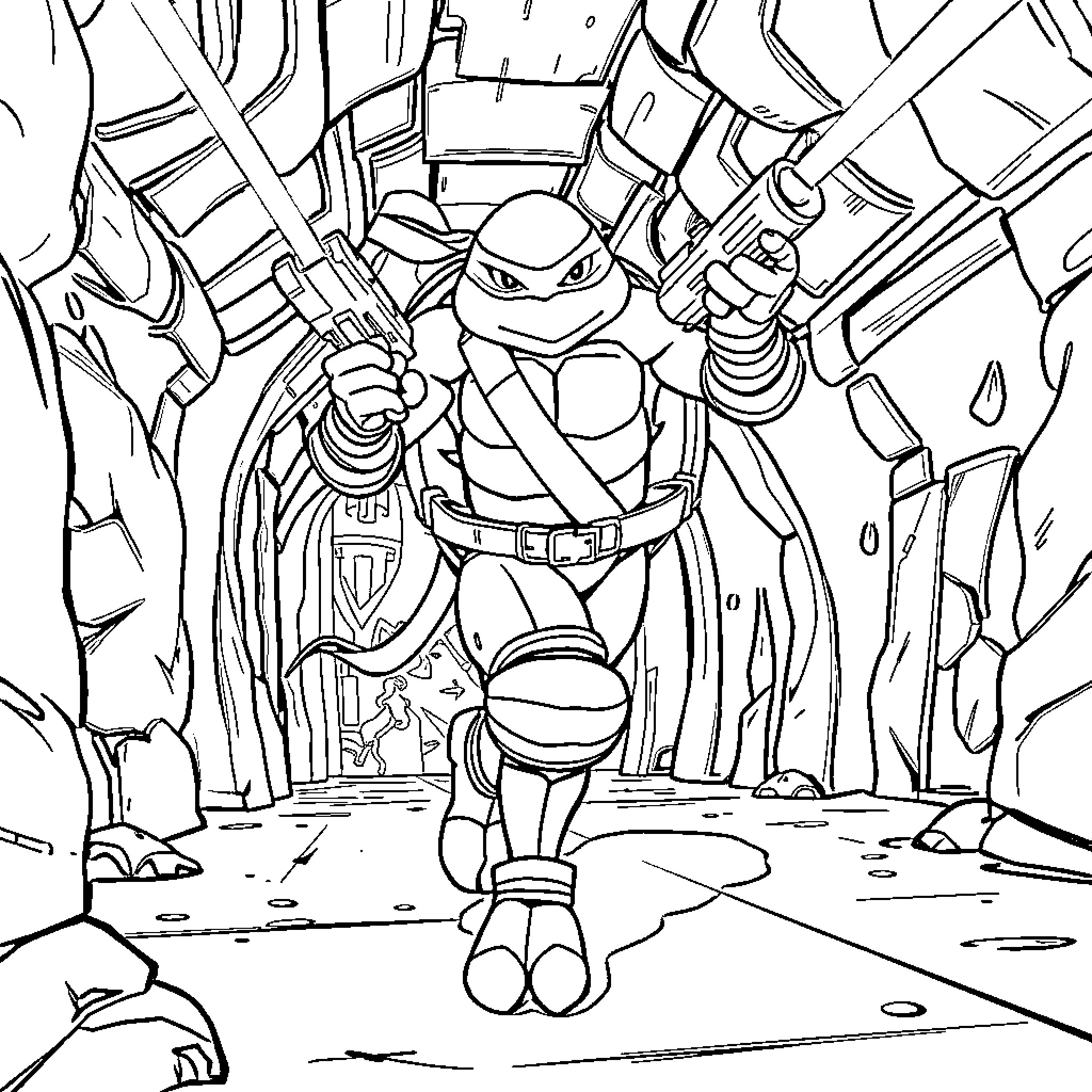 Raphael Leading the Ninja Turtle Crew Through the Sewer Coloring Page (free black-and-white line drawing printable PDF for all, from beginners to advanced learners, including children, teens, adults, and seniors)