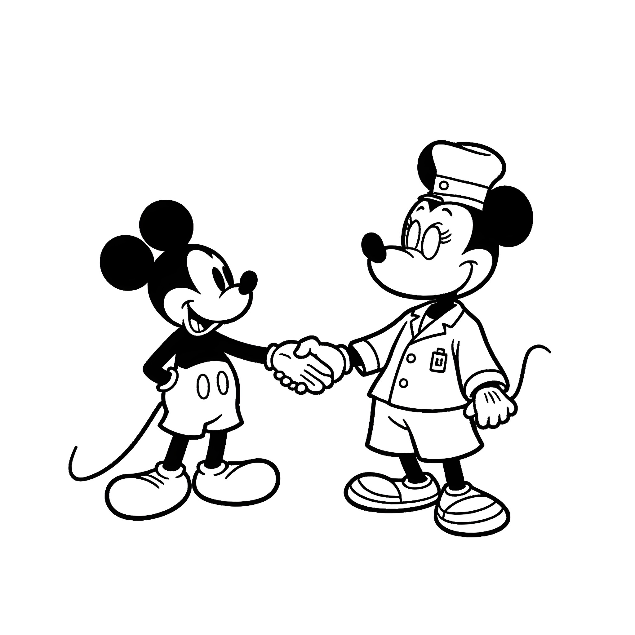 Mickey and the Conductor Shake Hands Coloring Page (free black-and-white line drawing printable PDF for all, from beginners to advanced learners, including children, teens, adults, and seniors)