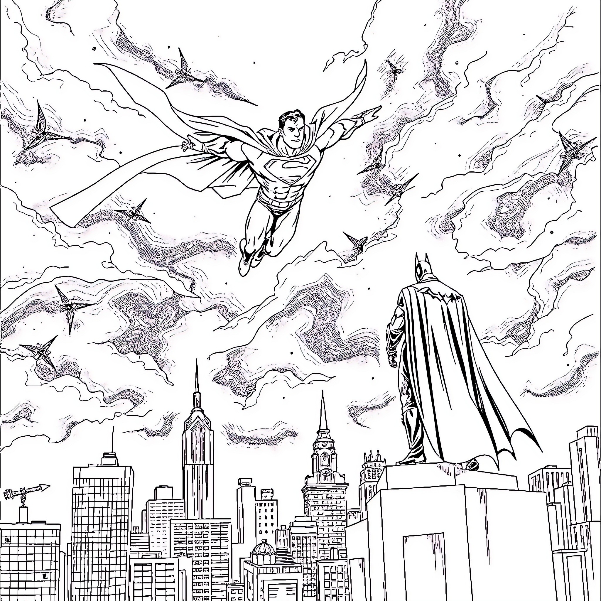 Superman soaring above the city skyline Coloring Page (free black-and-white line drawing printable PDF for all, from beginners to advanced learners, including children, teens, adults, and seniors)