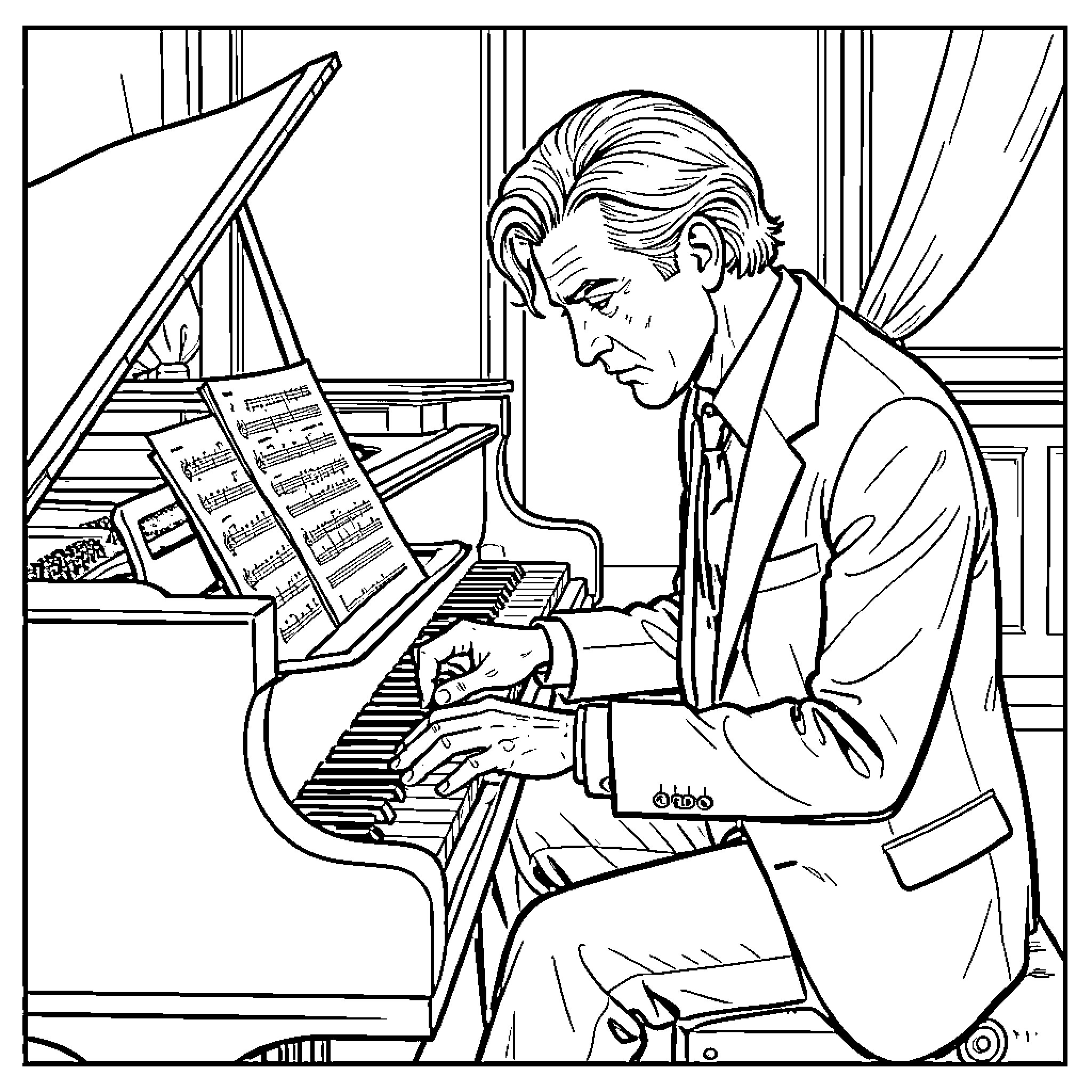 Gainsbourg playing the grand piano with focused expression Coloring Page (free black-and-white line drawing printable PDF for all, from beginners to advanced learners, including children, teens, adults, and seniors)