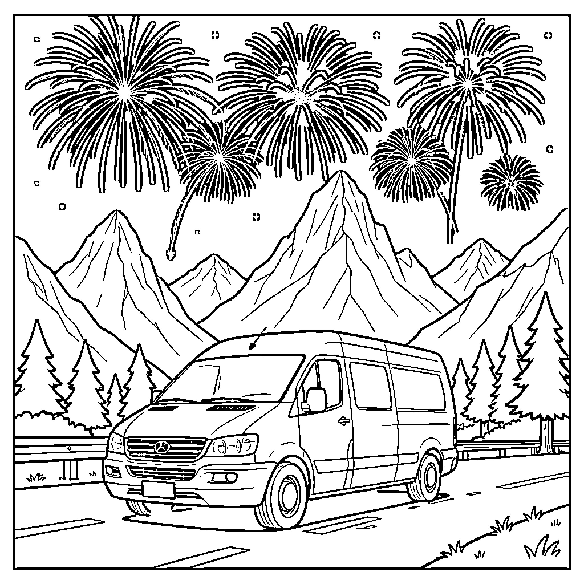 Van driving through a scenic mountain landscape Coloring Page (free black-and-white line drawing printable PDF for all, from beginners to advanced learners, including children, teens, adults, and seniors)