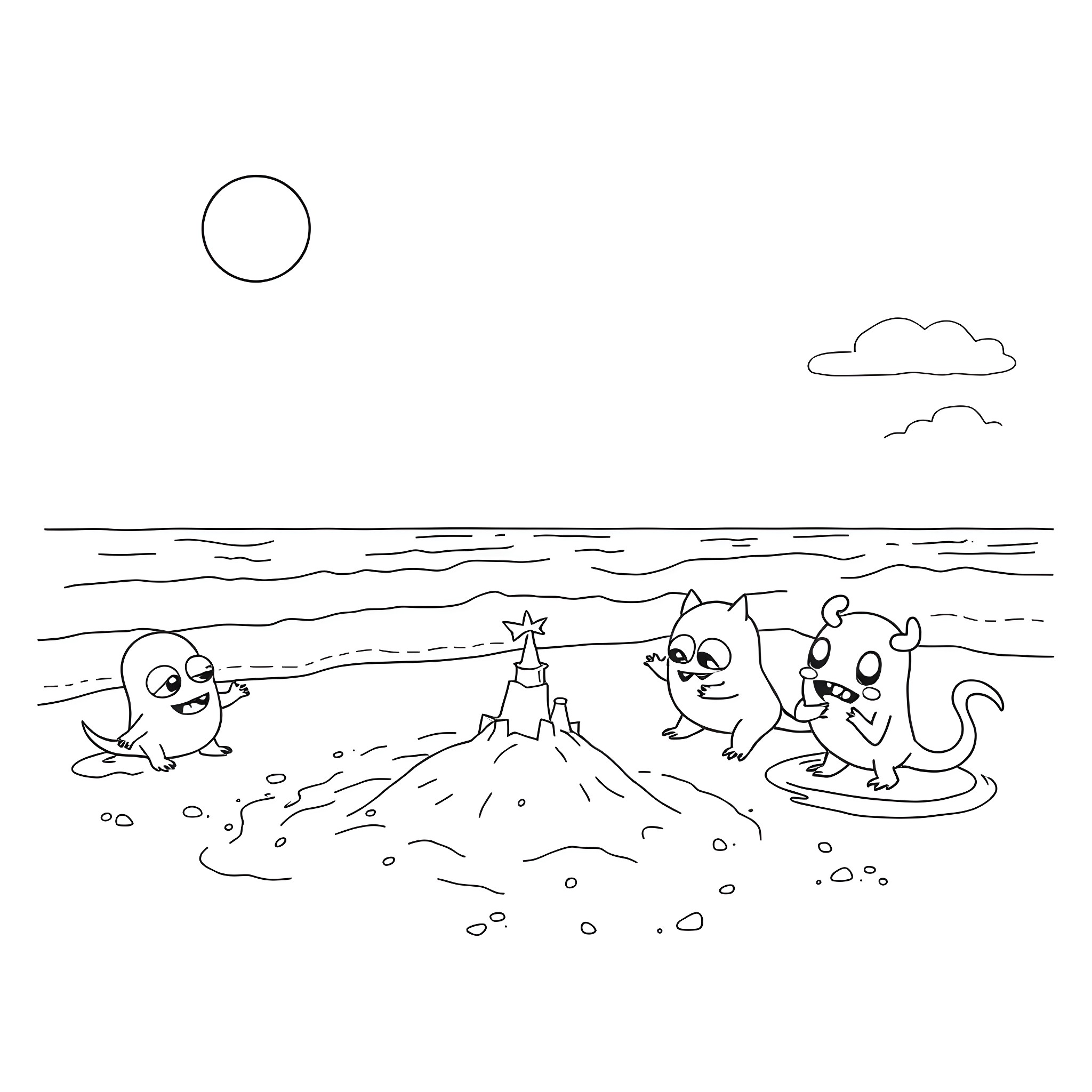 Pocket Monsters playing on the beach Coloring Page (free black-and-white line drawing printable PDF for all, from beginners to advanced learners, including children, teens, adults, and seniors)