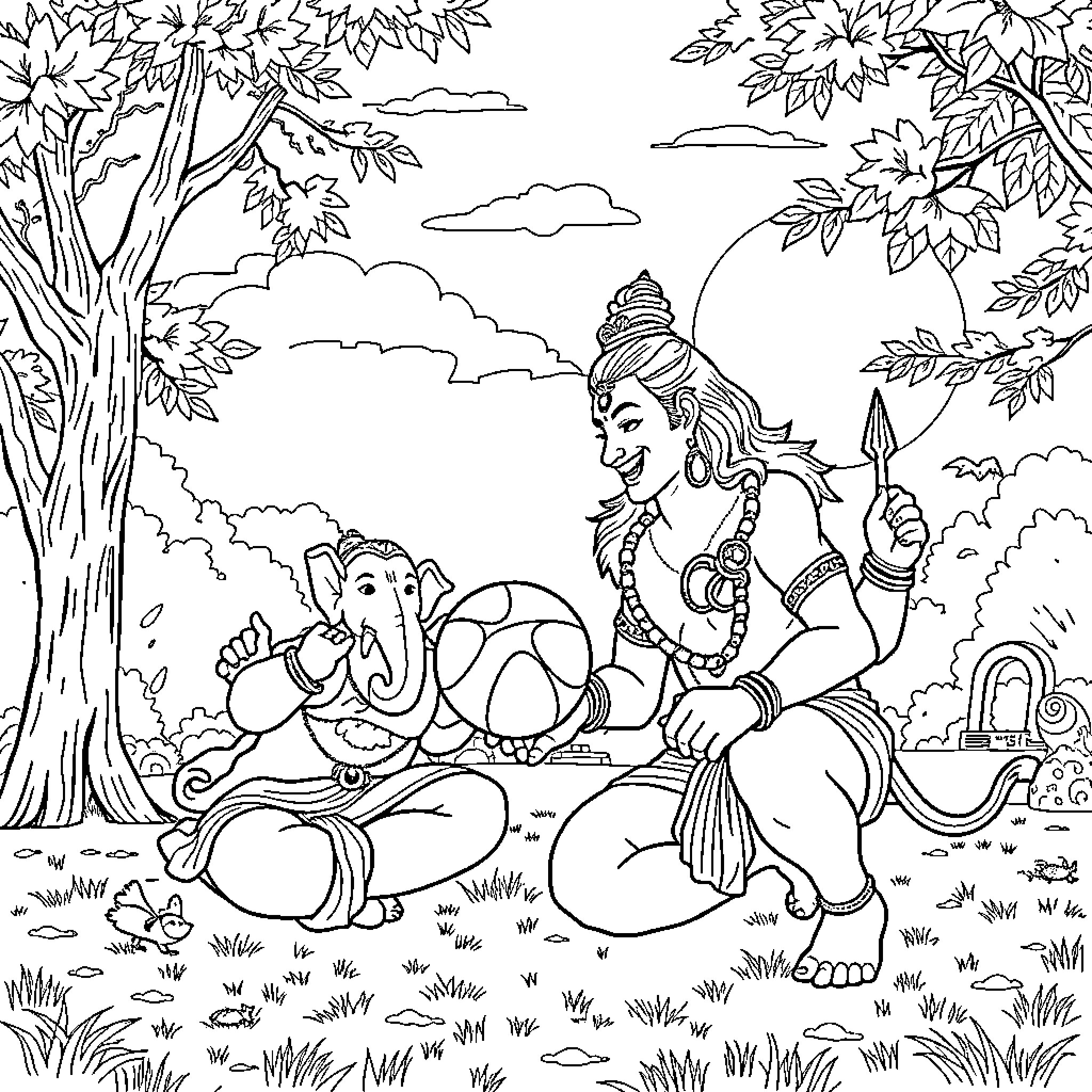 Shiva and Ganesha Enjoying Nature Together Coloring Page (free black-and-white line drawing printable PDF for all, from beginners to advanced learners, including children, teens, adults, and seniors)