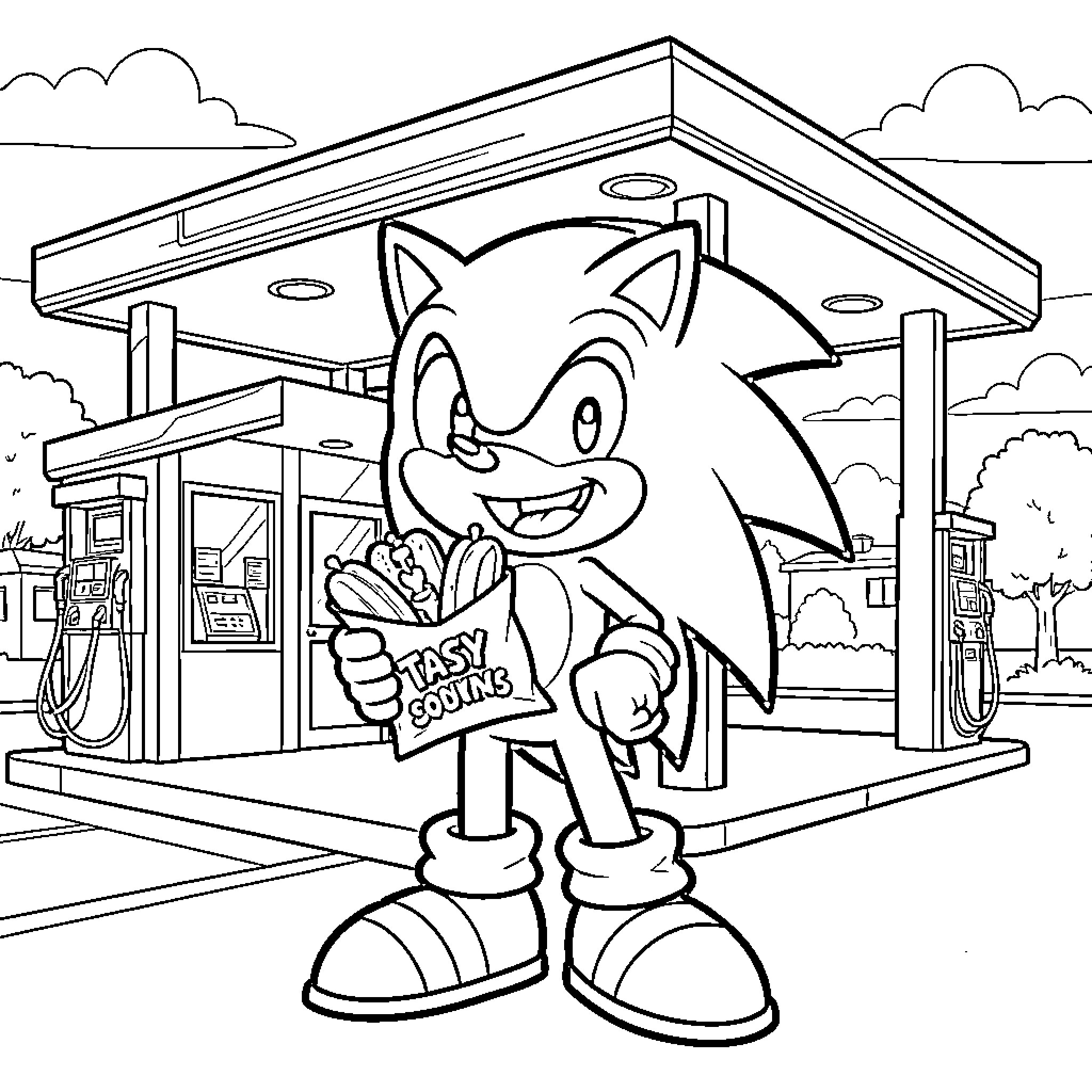 Sonic holding a bag of tasty snacks Coloring Page (free black-and-white line drawing printable PDF for all, from beginners to advanced learners, including children, teens, adults, and seniors)
