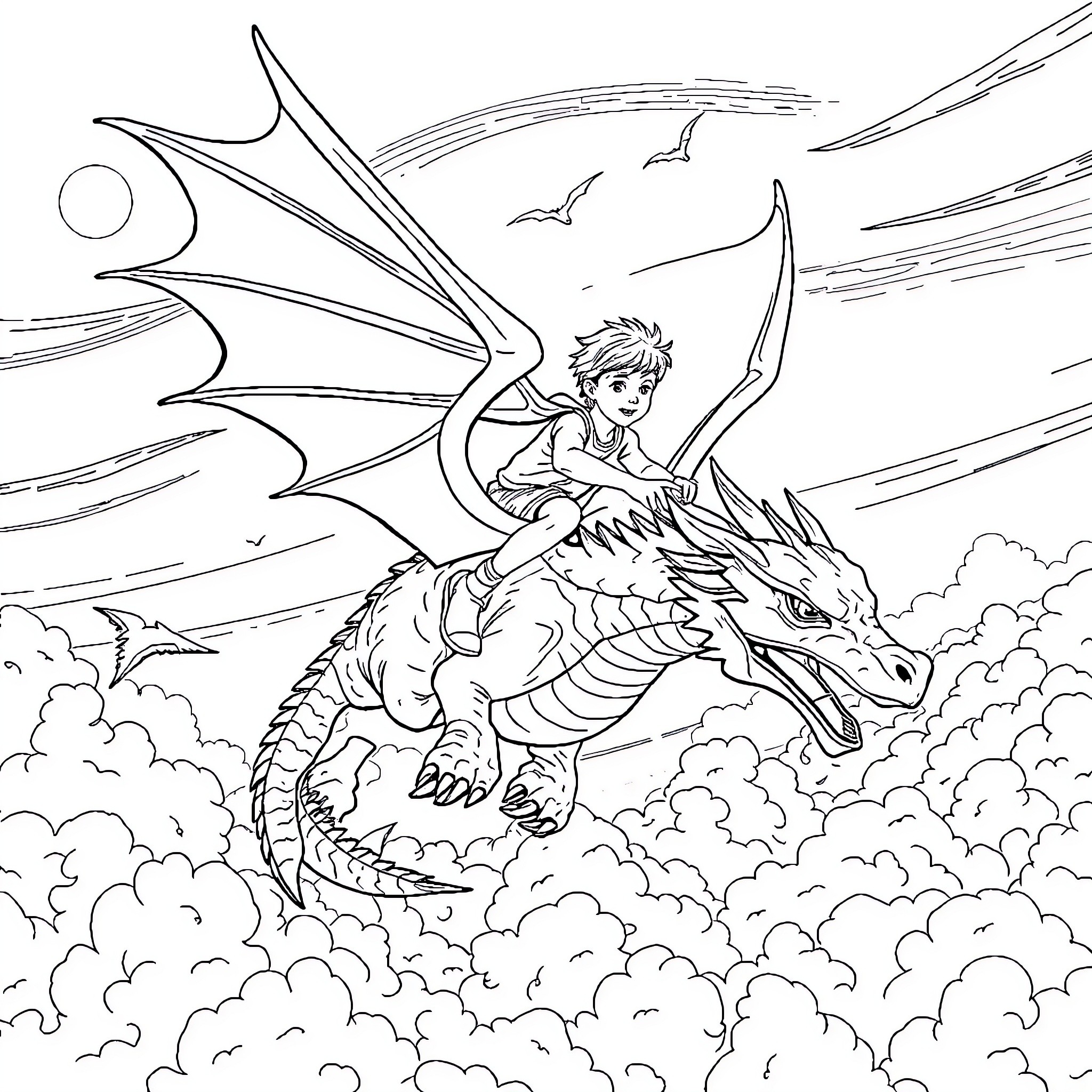 Boy riding a fierce dragon through the sky Coloring Page (free black-and-white line drawing printable PDF for all, from beginners to advanced learners, including children, teens, adults, and seniors)