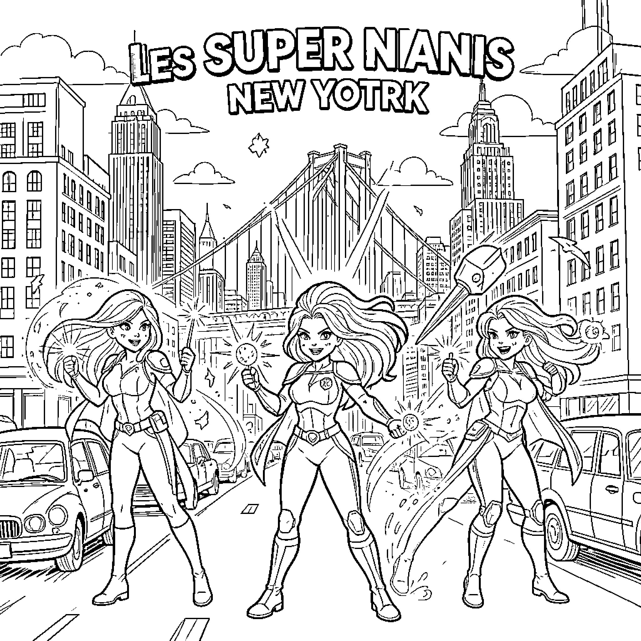 Powerpuff Girls style heroes posing in a city Coloring Page (free black-and-white line drawing printable PDF for all, from beginners to advanced learners, including children, teens, adults, and seniors)