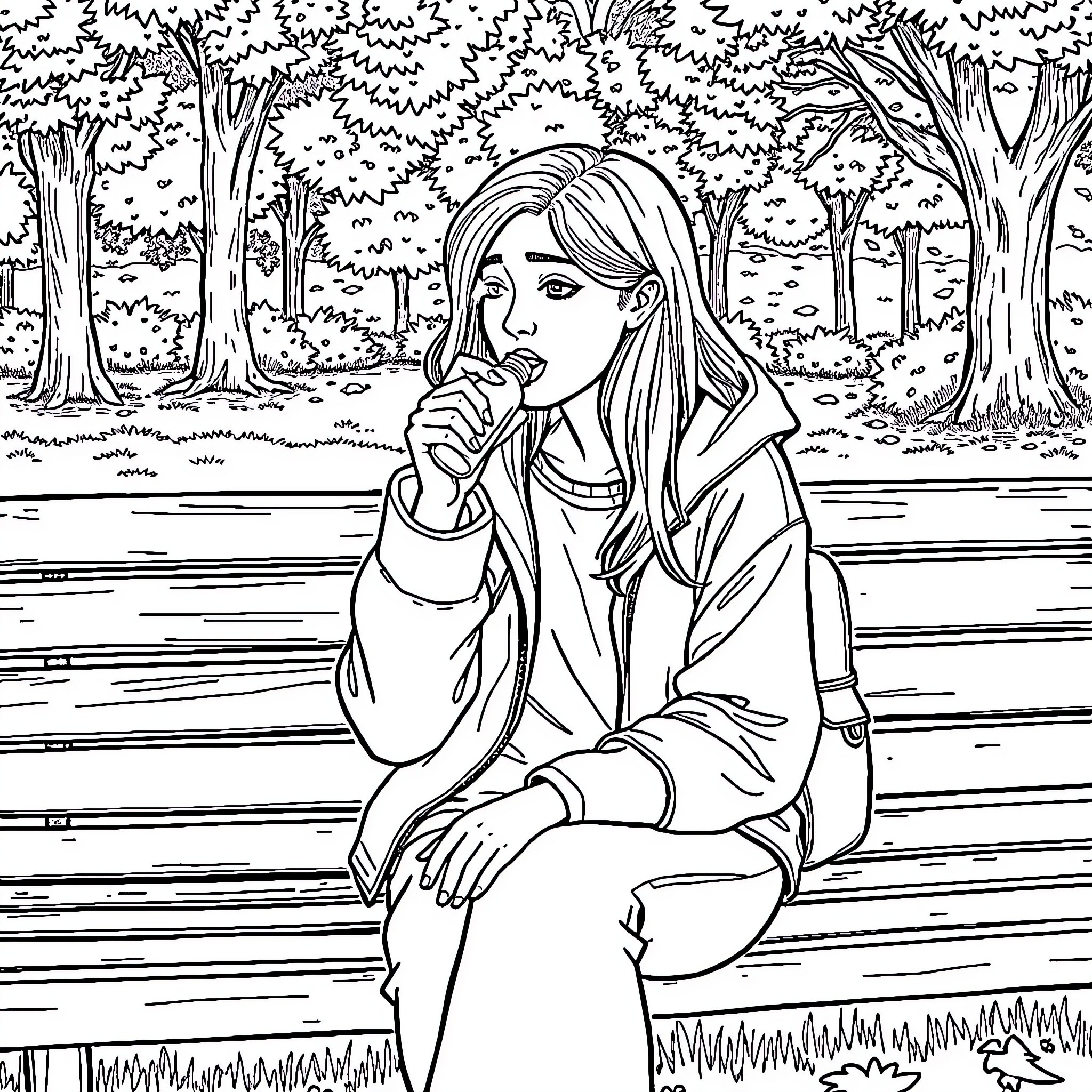 Woman sitting alone in a tranquil forest Coloring Page (free black-and-white line drawing printable PDF for all, from beginners to advanced learners, including children, teens, adults, and seniors)