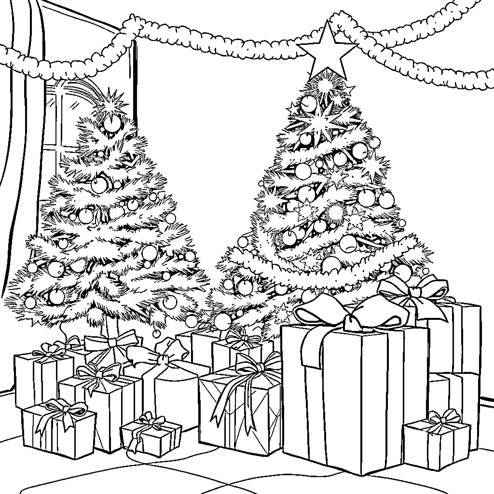 Christmas scene with decorated trees and gifts Coloring Page (free black-and-white line drawing printable PDF for all, from beginners to advanced learners, including children, teens, adults, and seniors)
