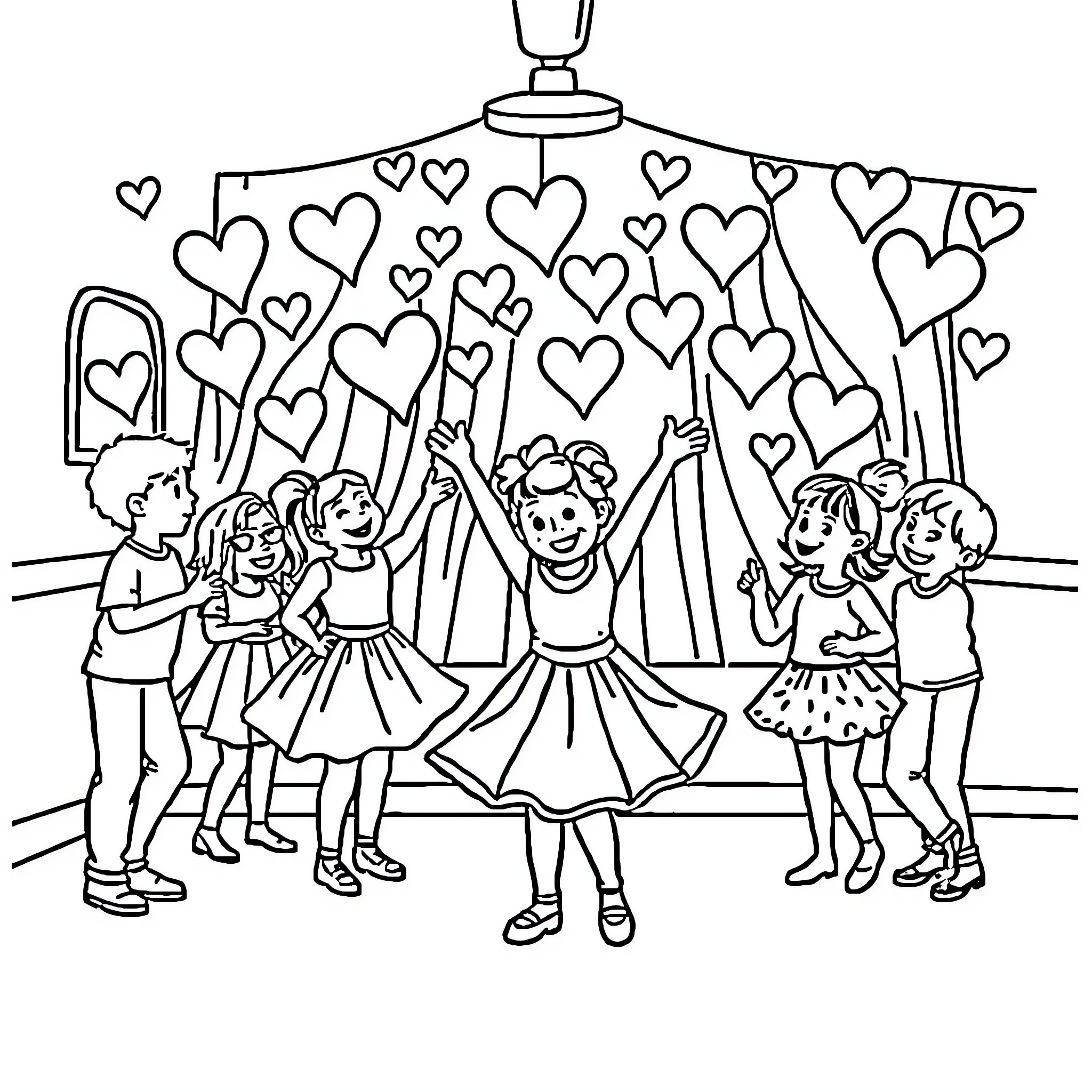 Dance of joy and celebration with hearts Coloring Page (free black-and-white line drawing printable PDF for all, from beginners to advanced learners, including children, teens, adults, and seniors)