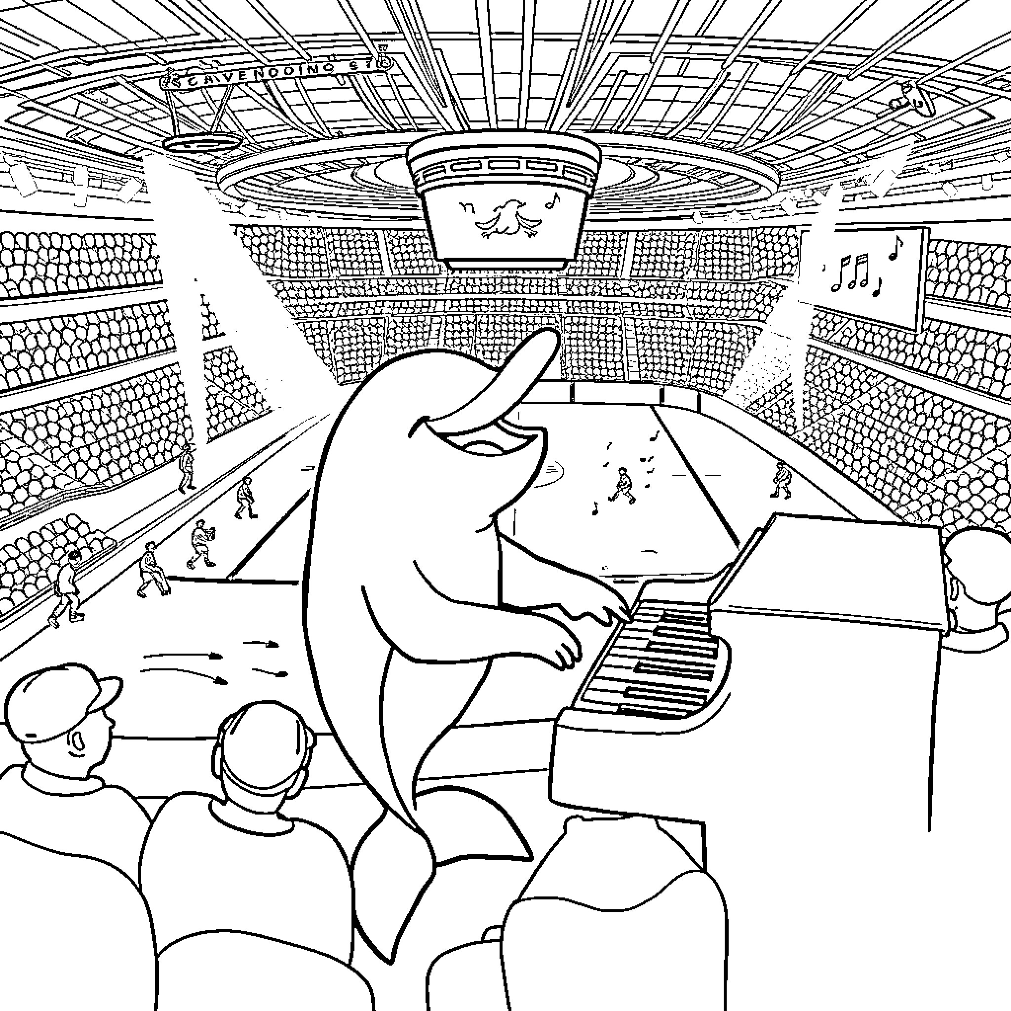 Dolphin performs musical show for audience Coloring Page (free black-and-white line drawing printable PDF for all, from beginners to advanced learners, including children, teens, adults, and seniors)
