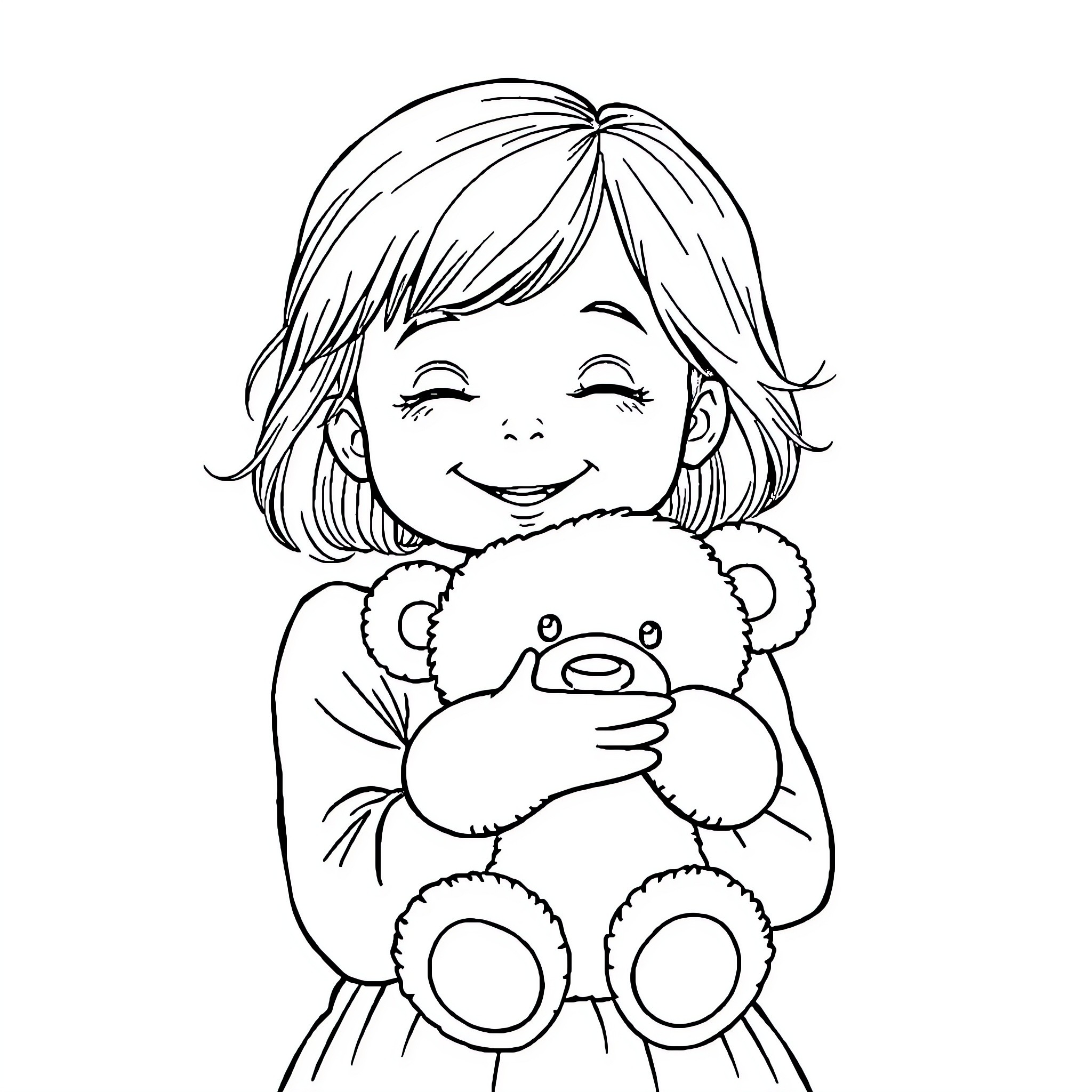 Girl cuddling happy teddy bear Coloring Page (free black-and-white line drawing printable PDF for all, from beginners to advanced learners, including children, teens, adults, and seniors)