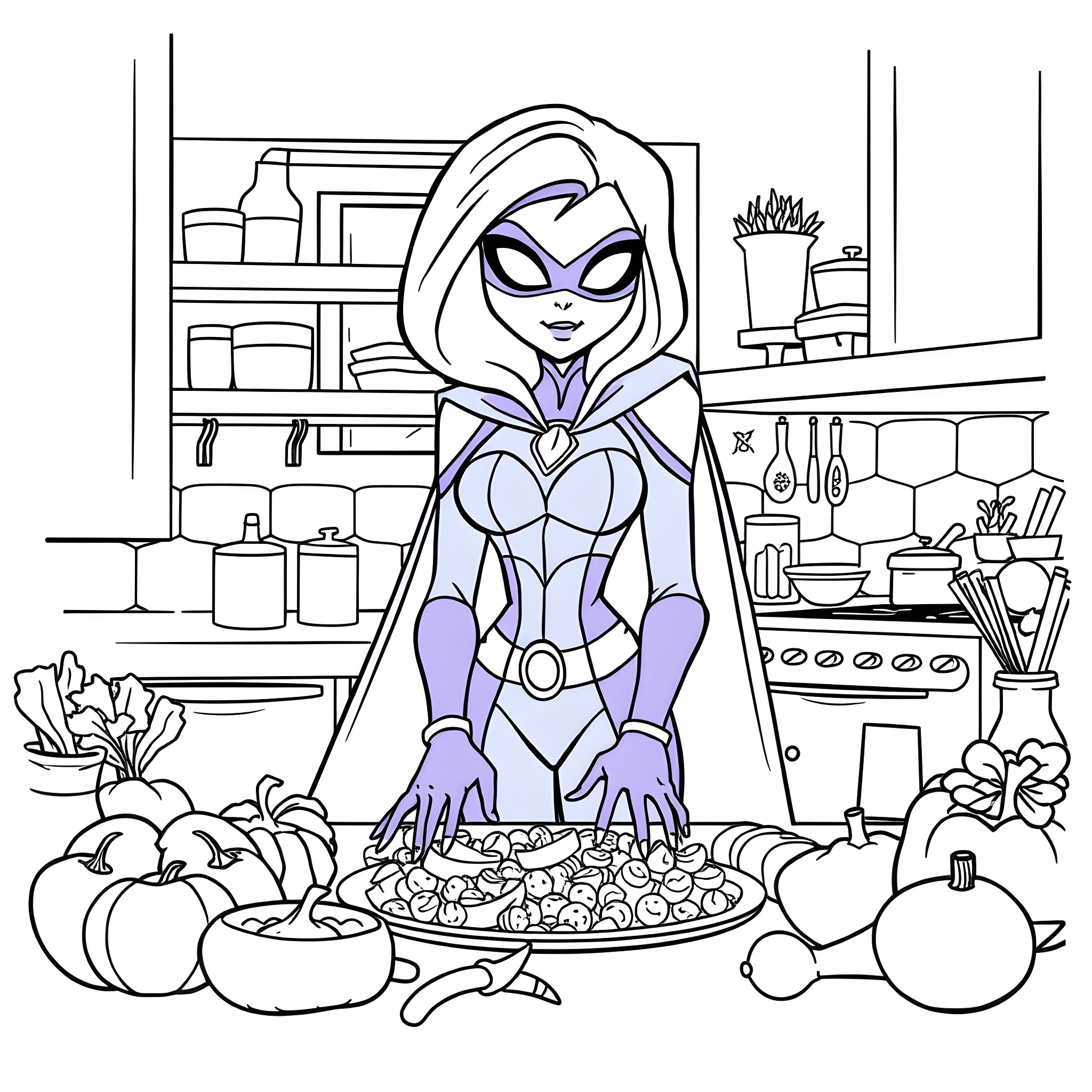 Raven preparing a hearty meal in her kitchen Coloring Page (free black-and-white line drawing printable PDF for all, from beginners to advanced learners, including children, teens, adults, and seniors)