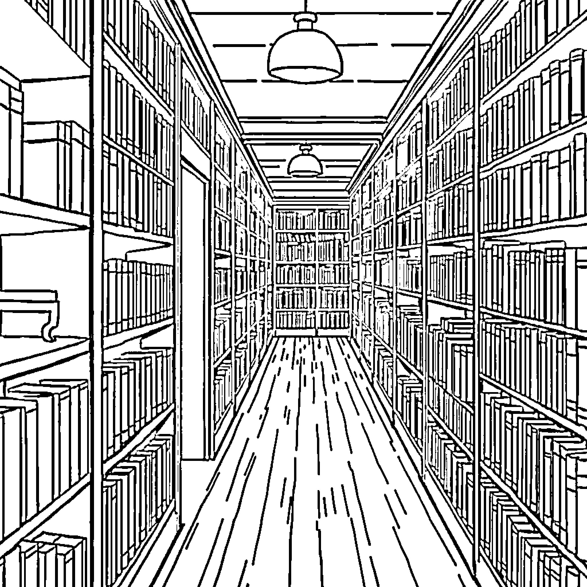 Library with Intricate Shelving and Lighting Coloring Page (free black-and-white line drawing printable PDF for all, from beginners to advanced learners, including children, teens, adults, and seniors)
