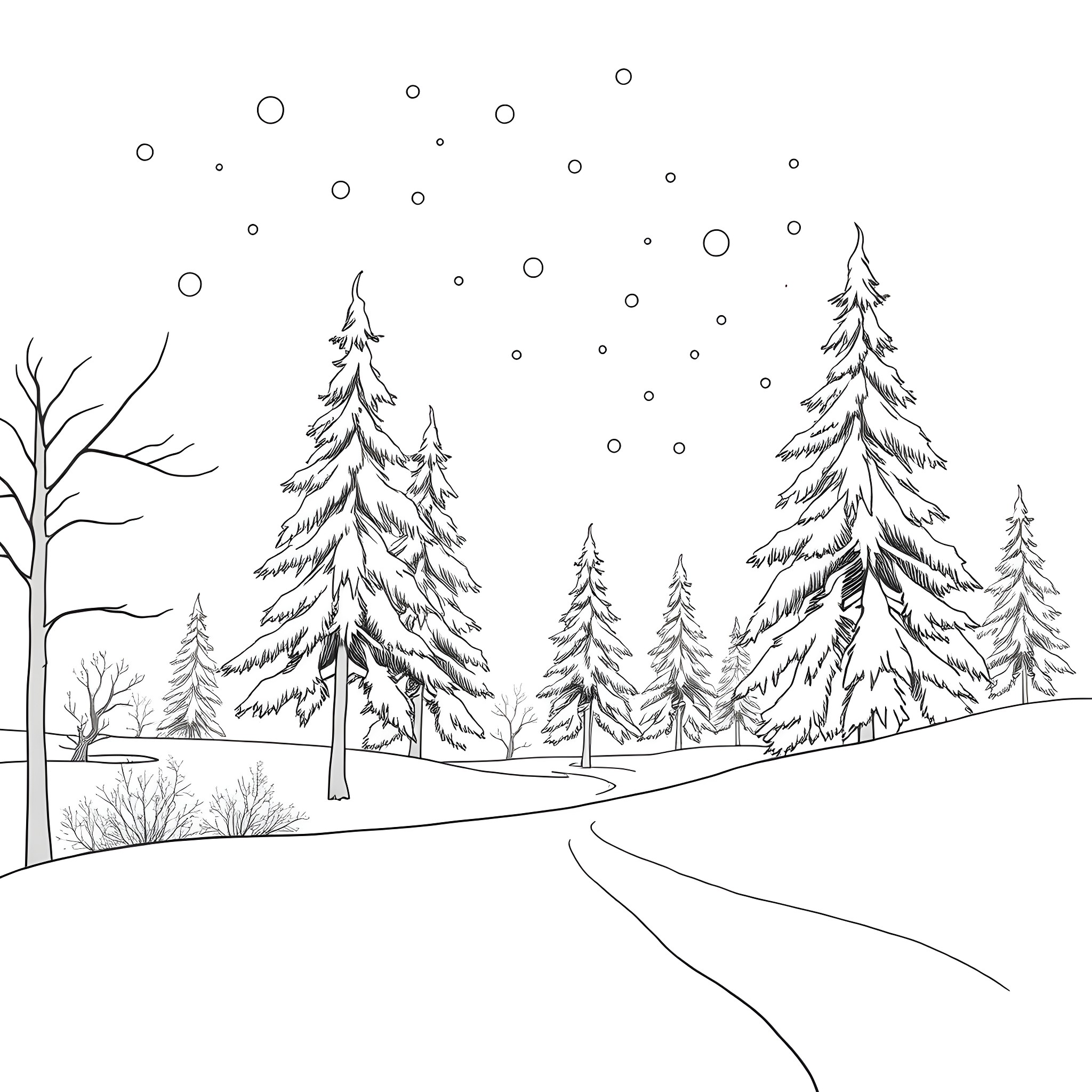 Wind-swept winter forest with snowy trees Coloring Page (free black-and-white line drawing printable PDF for all, from beginners to advanced learners, including children, teens, adults, and seniors)