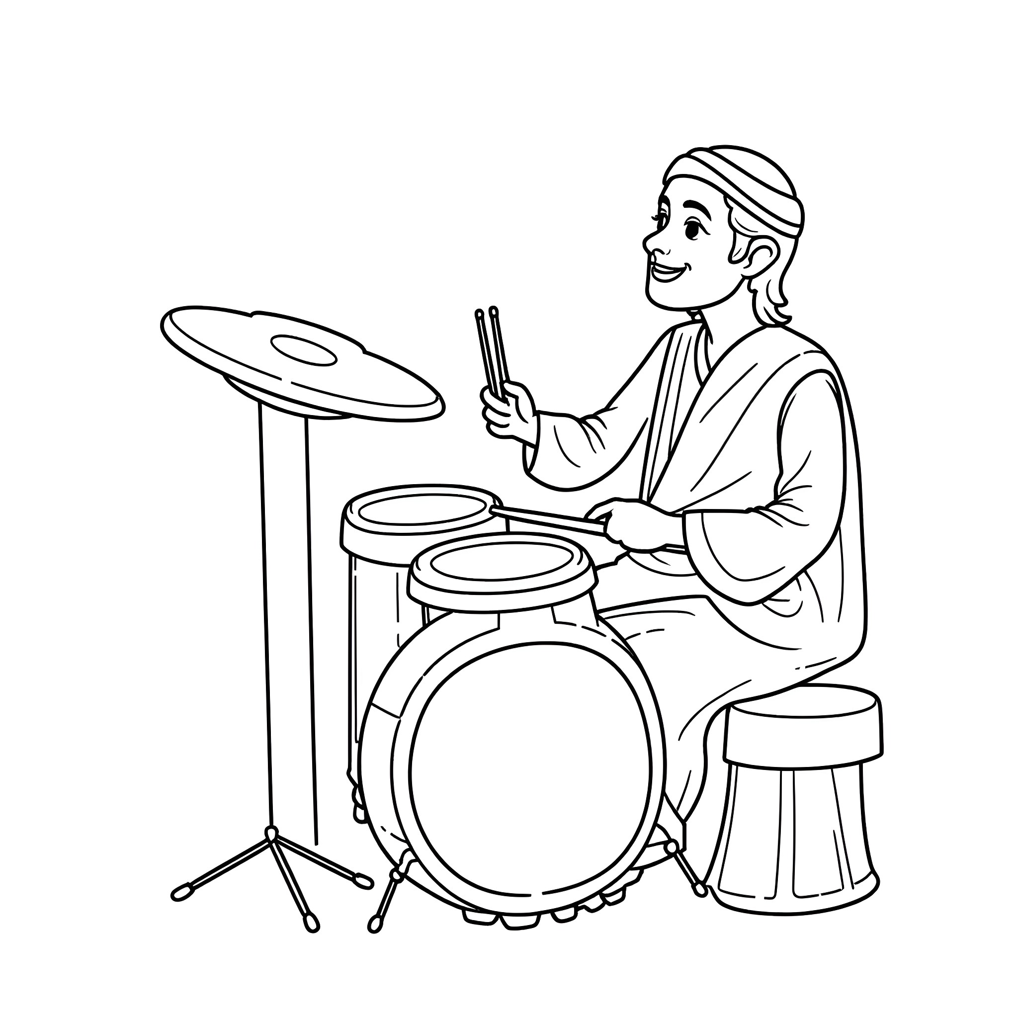 Tung Playing the Drums with Enthusiasm Coloring Page (free black-and-white line drawing printable PDF for all, from beginners to advanced learners, including children, teens, adults, and seniors)