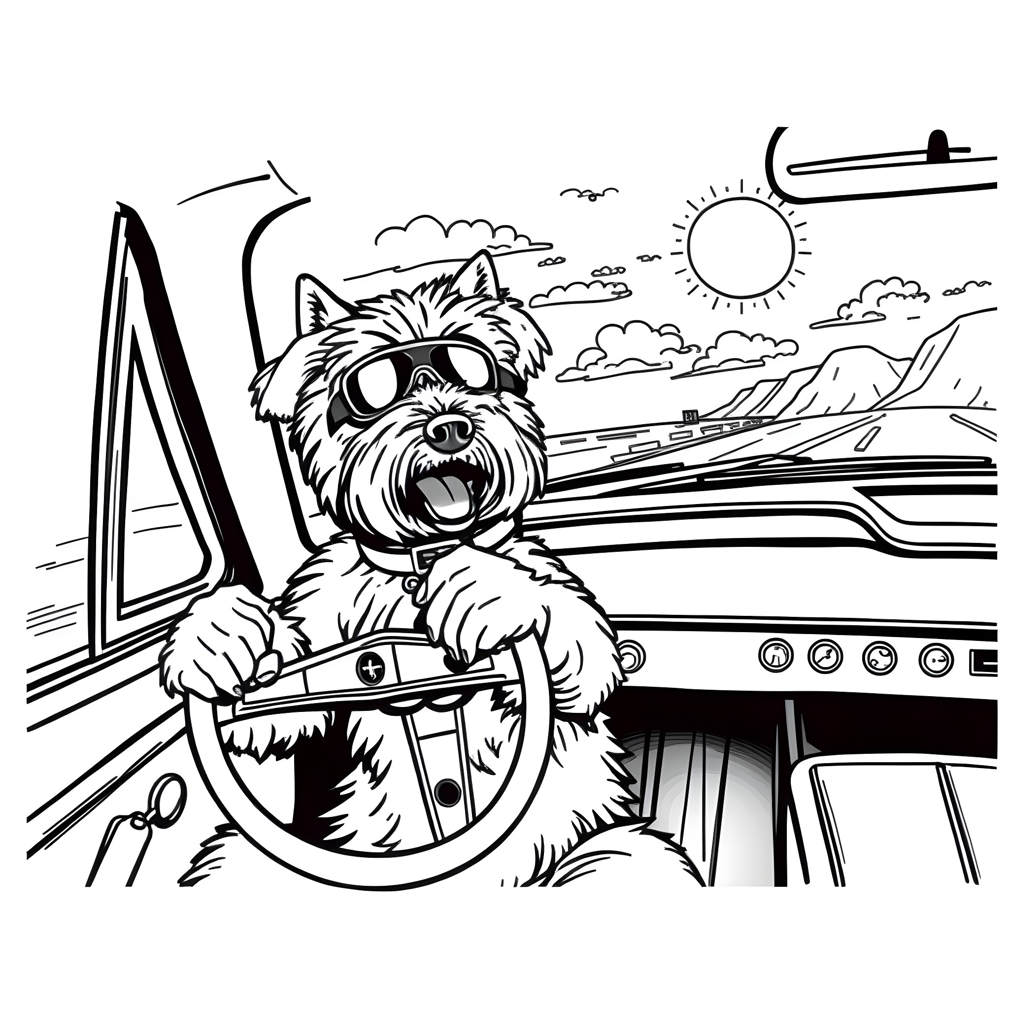 Maltese dog driving a car on the highway Coloring Page (free black-and-white line drawing printable PDF for all, from beginners to advanced learners, including children, teens, adults, and seniors)