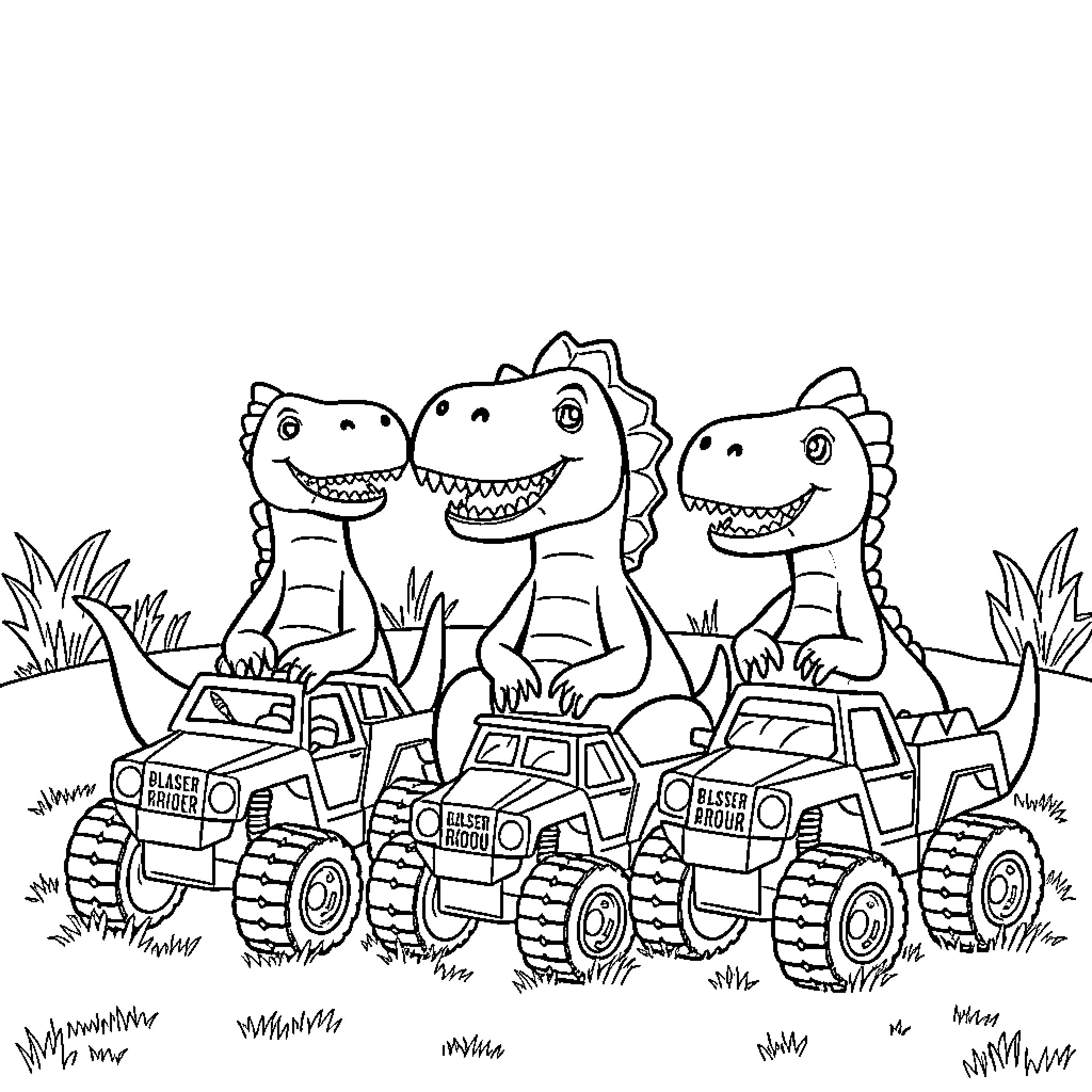 Dinosaurs driving monster trucks in the wild Coloring Page (free black-and-white line drawing printable PDF for all, from beginners to advanced learners, including children, teens, adults, and seniors)
