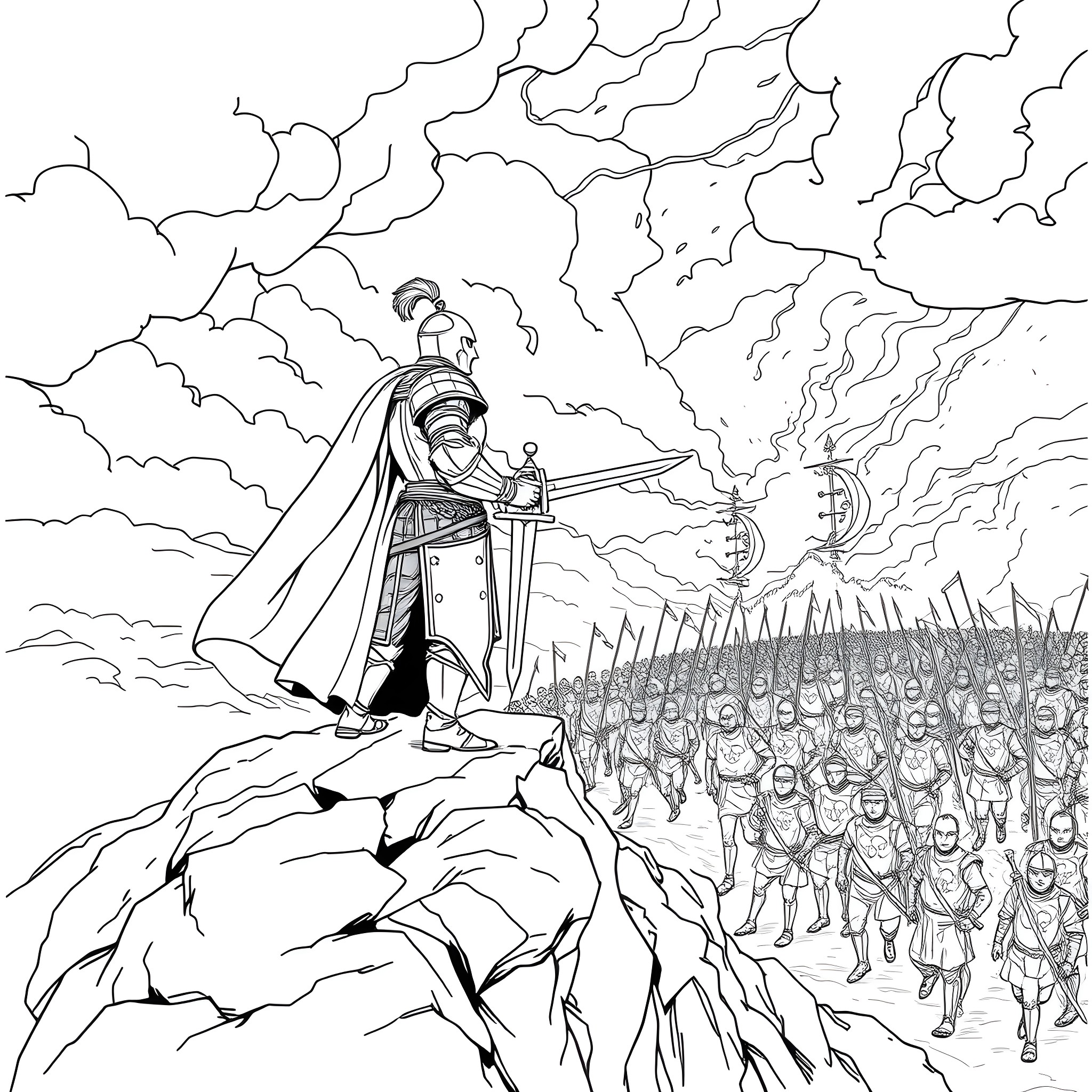 Knight Leads Fearless Army into Battle Coloring Page (free black-and-white line drawing printable PDF for all, from beginners to advanced learners, including children, teens, adults, and seniors)