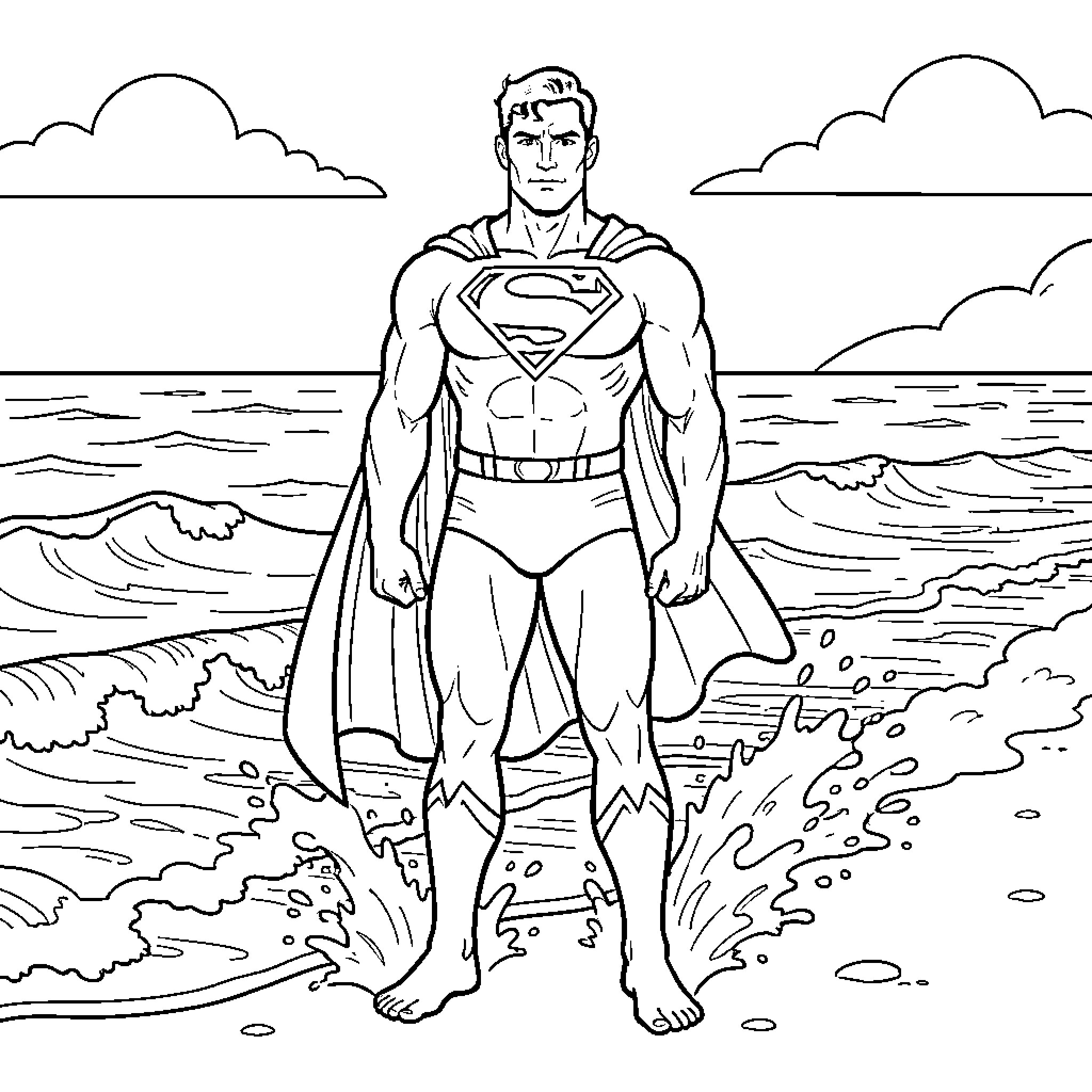 Superman standing heroically on a beach by the waves Coloring Page (free black-and-white line drawing printable PDF for all, from beginners to advanced learners, including children, teens, adults, and seniors)