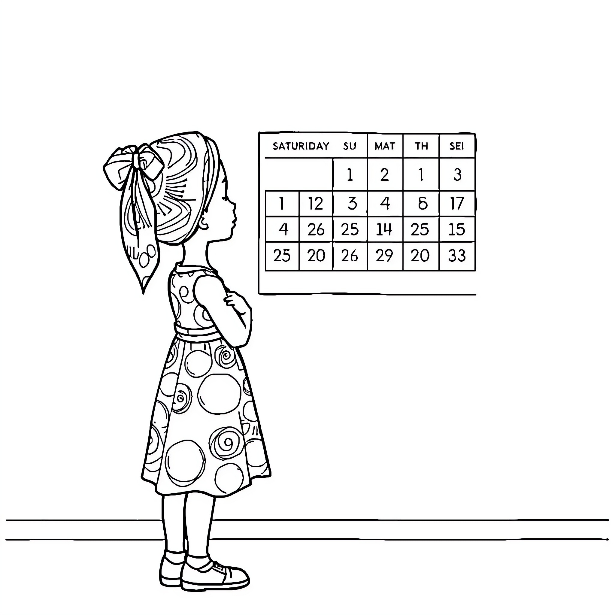 Girl and Boy Checking Calendar Together Coloring Page (free black-and-white line drawing printable PDF for all, from beginners to advanced learners, including children, teens, adults, and seniors)