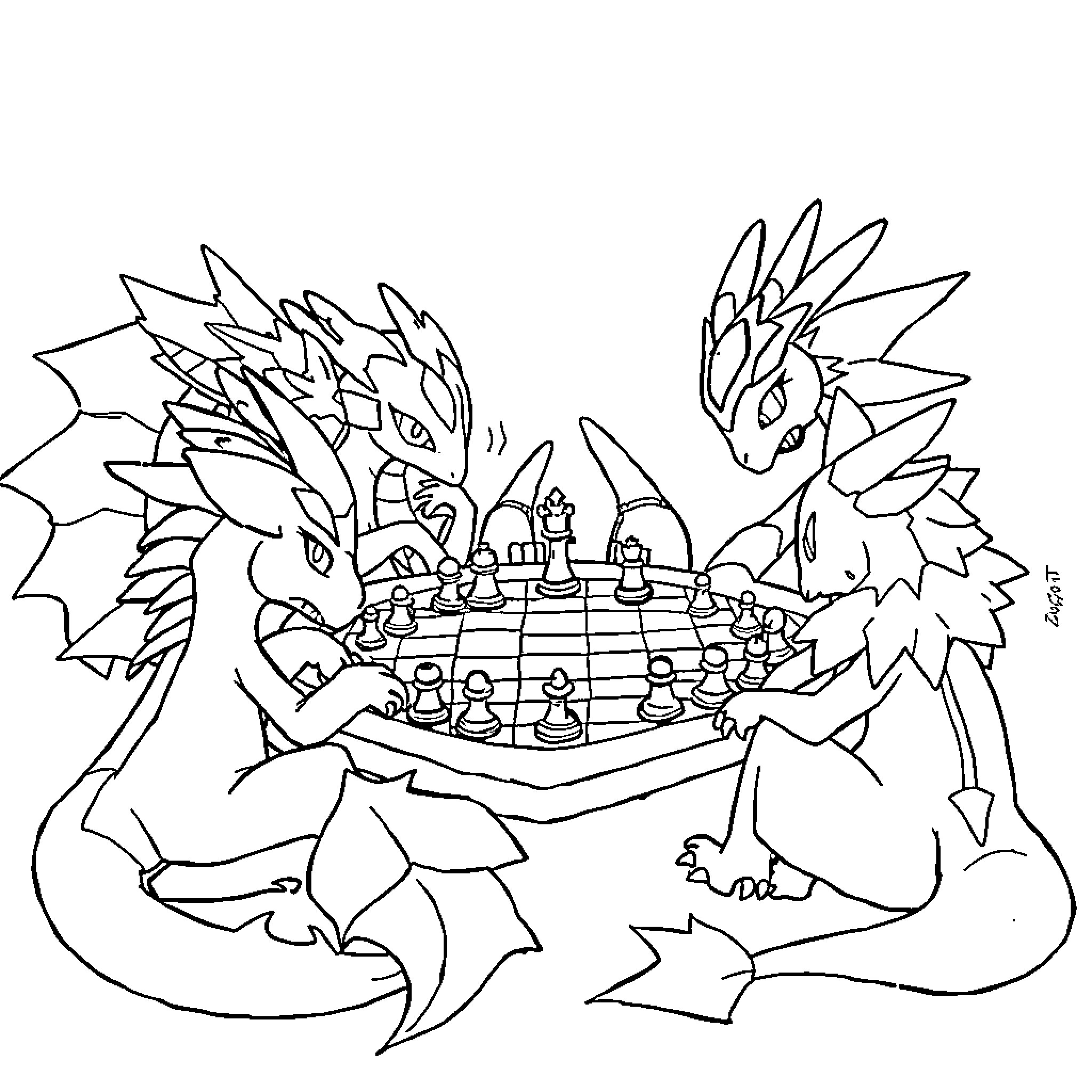 Digimon characters playing a strategy game Coloring Page (free black-and-white line drawing printable PDF for all, from beginners to advanced learners, including children, teens, adults, and seniors)