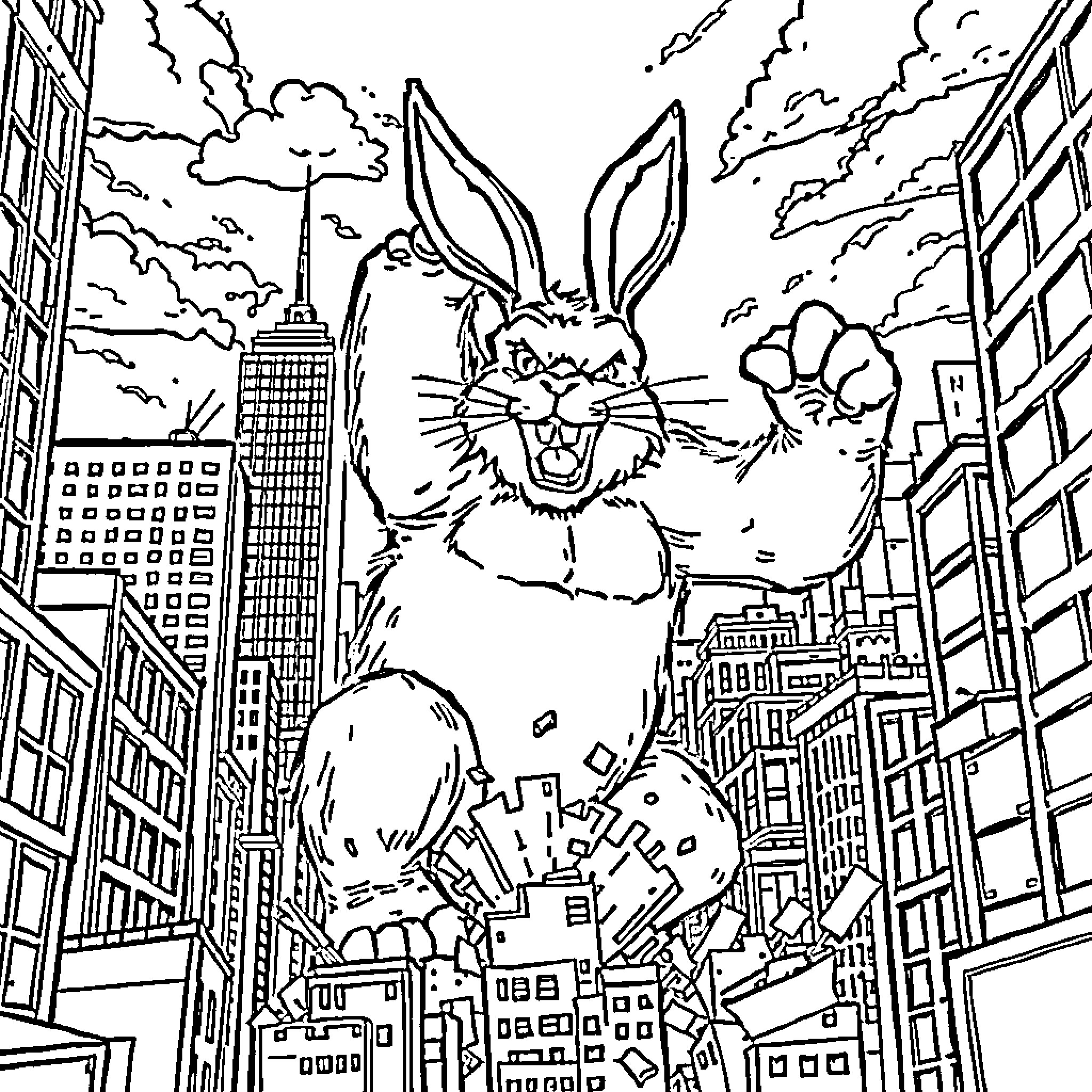 Bunny causing mischief in the city Coloring Page (free black-and-white line drawing printable PDF for all, from beginners to advanced learners, including children, teens, adults, and seniors)