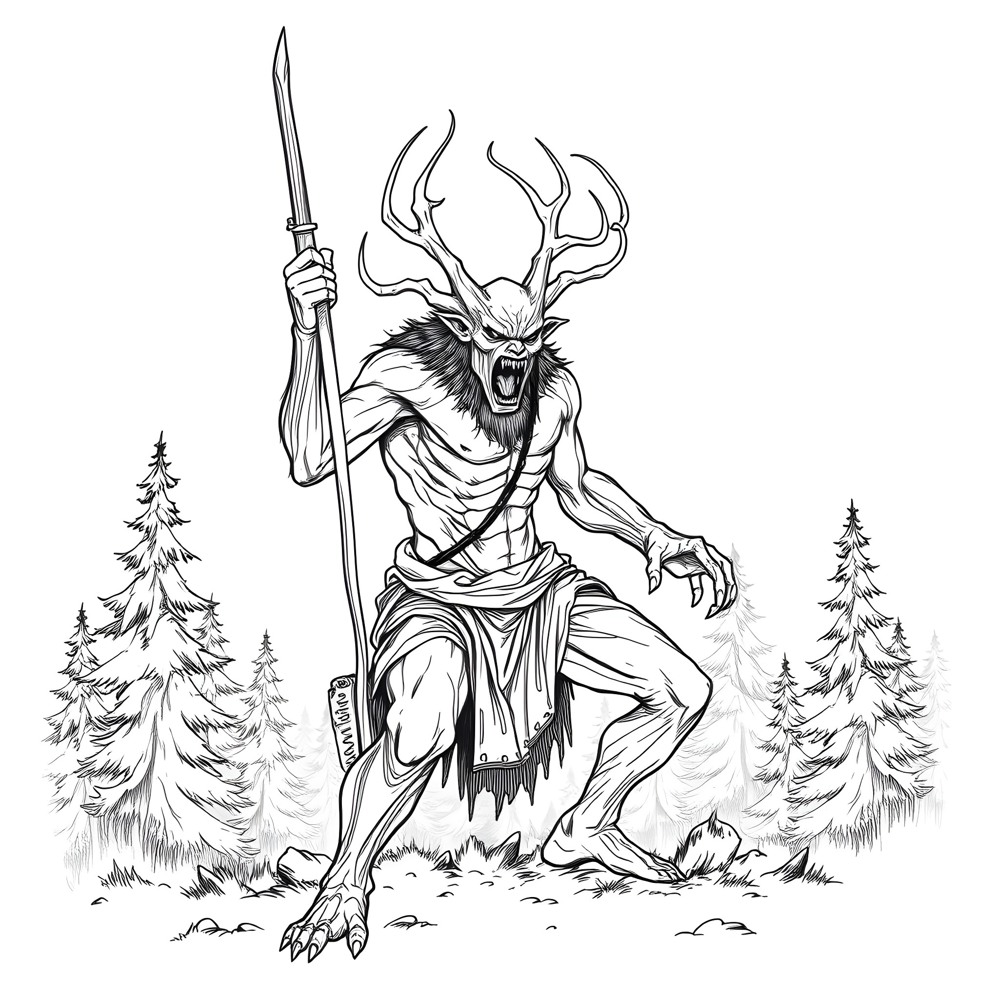 Hunter with a Spear Amid Forest Scenery Coloring Page (free black-and-white line drawing printable PDF for all, from beginners to advanced learners, including children, teens, adults, and seniors)