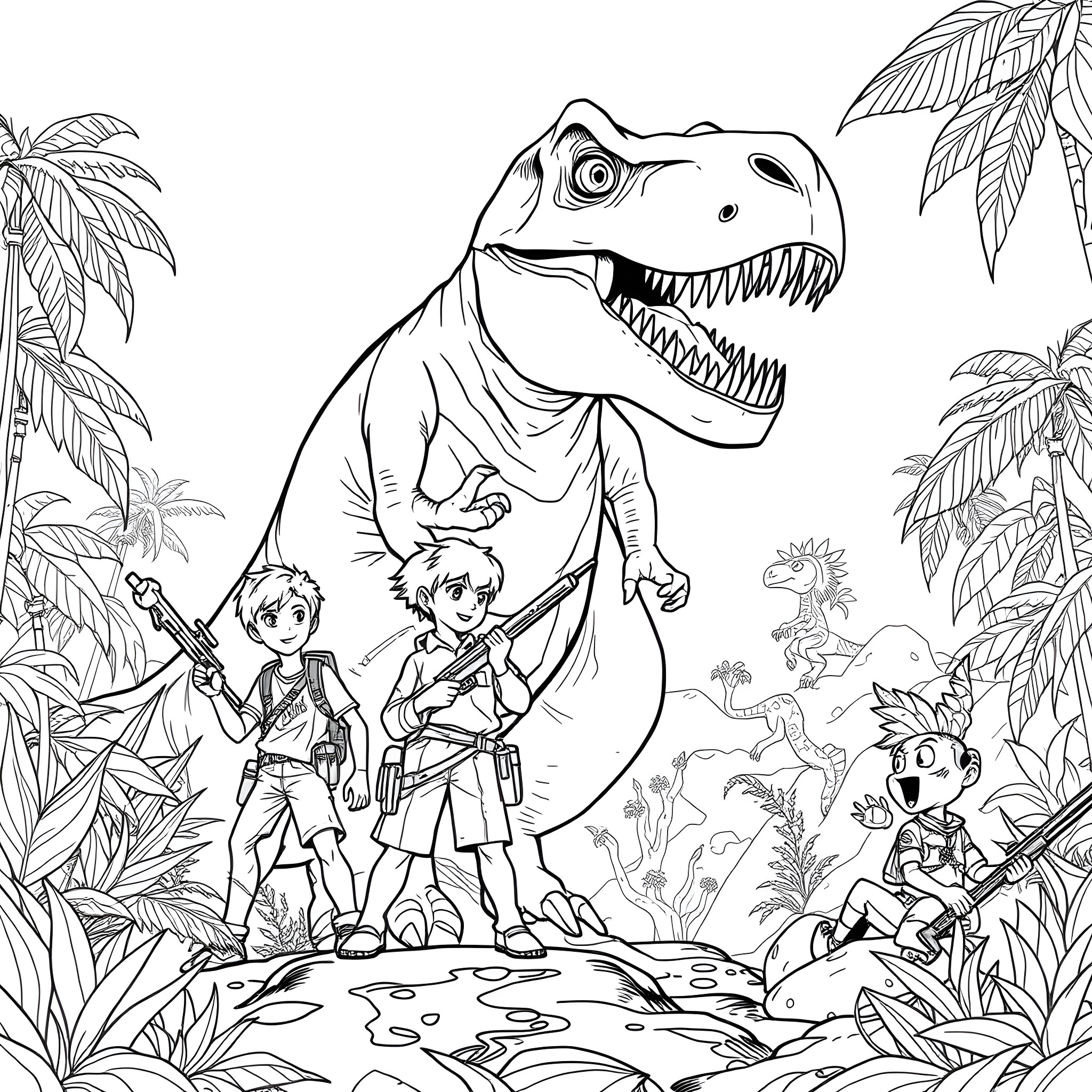 Boy and his friends explore the prehistoric jungle Coloring Page (free black-and-white line drawing printable PDF for all, from beginners to advanced learners, including children, teens, adults, and seniors)