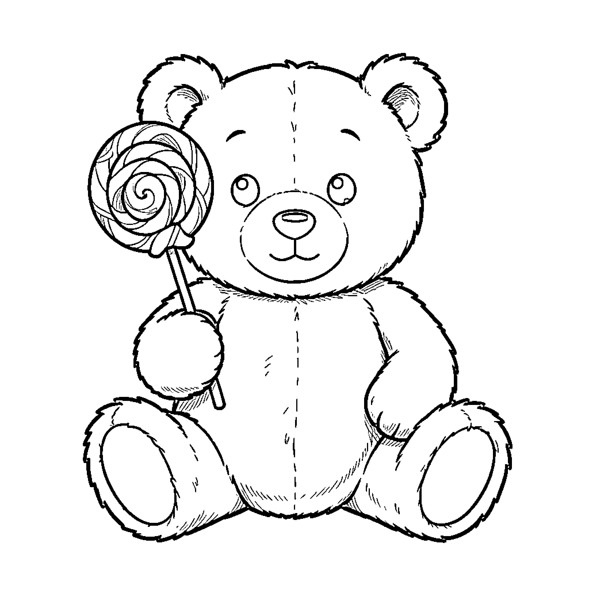 Teddy Bear sitting and holding a large lollipop Coloring Page (free black-and-white line drawing printable PDF for all, from beginners to advanced learners, including children, teens, adults, and seniors)