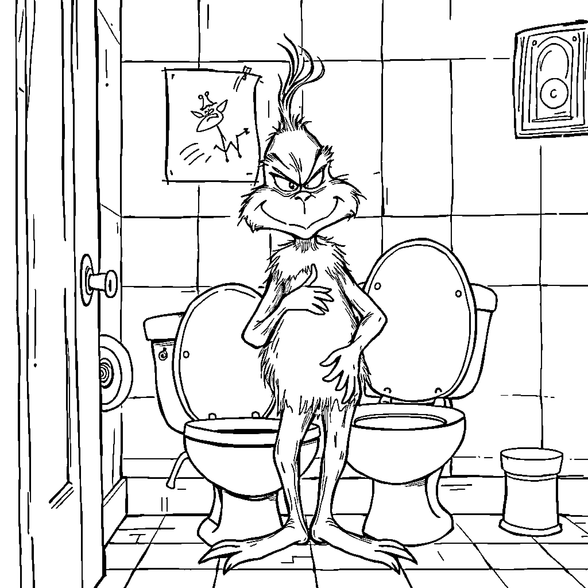 Grinch troubling in the bathroom Coloring Page (free black-and-white line drawing printable PDF for all, from beginners to advanced learners, including children, teens, adults, and seniors)