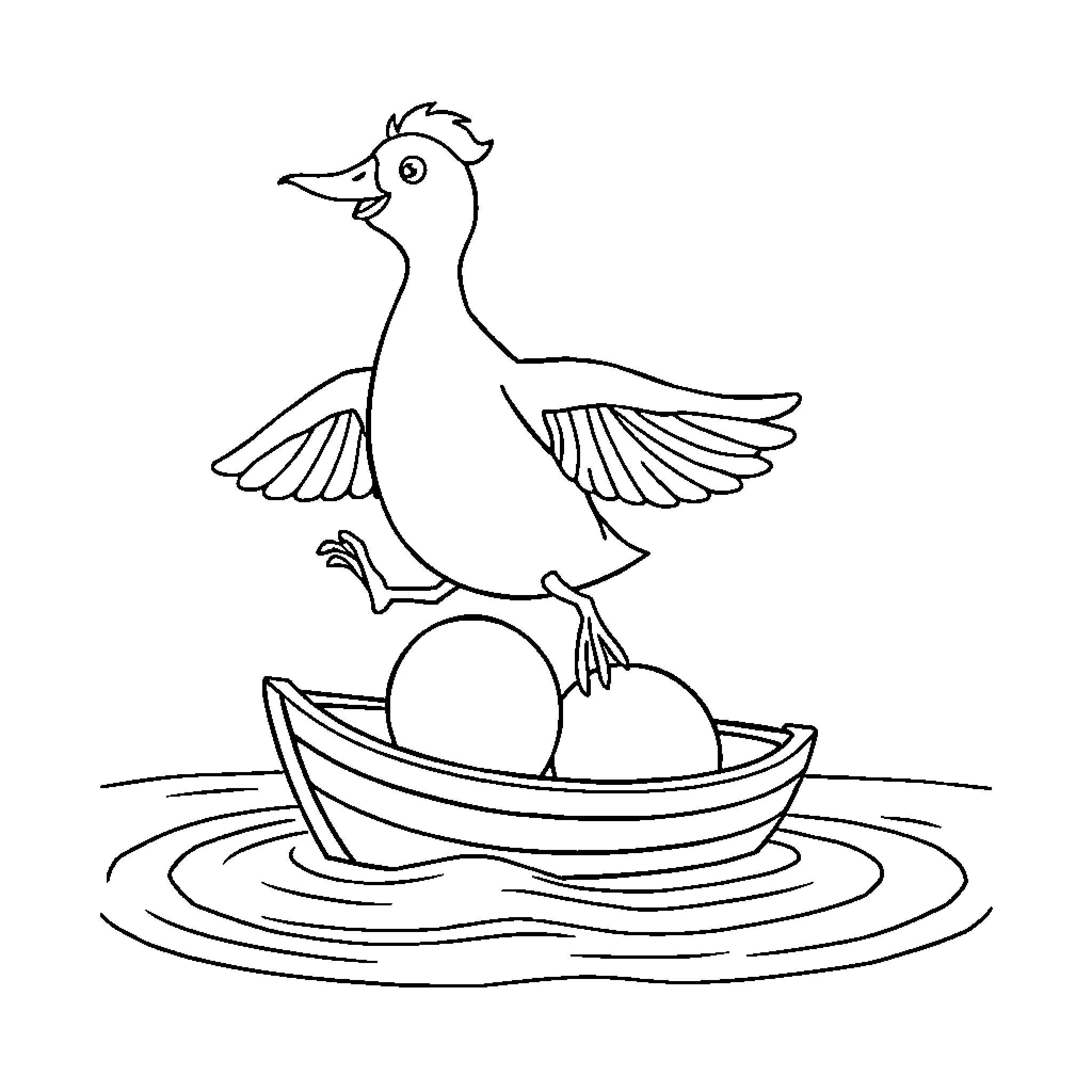 Canard swimming with eggs in boat on water Coloring Page (free black-and-white line drawing printable PDF for all, from beginners to advanced learners, including children, teens, adults, and seniors)