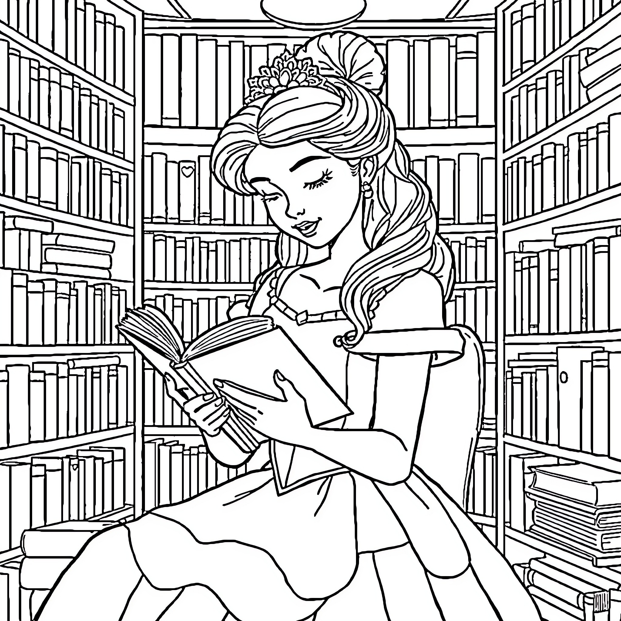 Belle reading a book in the library Coloring Page (free black-and-white line drawing printable PDF for all, from beginners to advanced learners, including children, teens, adults, and seniors)