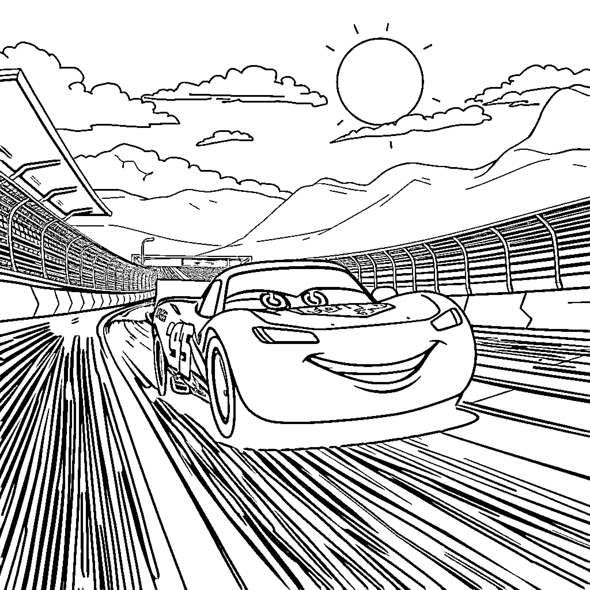 Rayo McQueen racing on the track Coloring Page (free black-and-white line drawing printable PDF for all, from beginners to advanced learners, including children, teens, adults, and seniors)