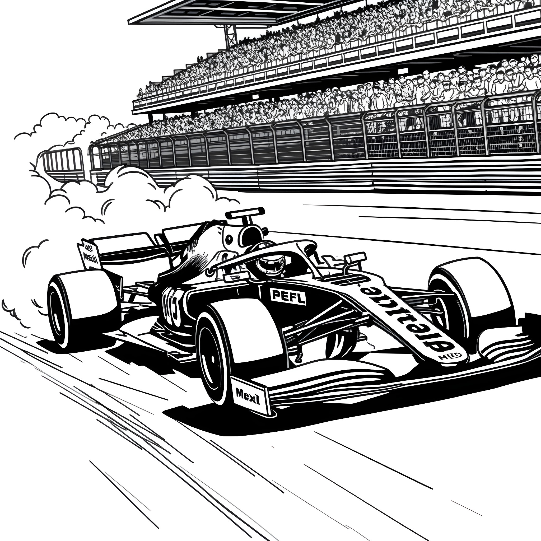 F1 Car Racing at Packed Stadium Coloring Page (free black-and-white line drawing printable PDF for all, from beginners to advanced learners, including children, teens, adults, and seniors)