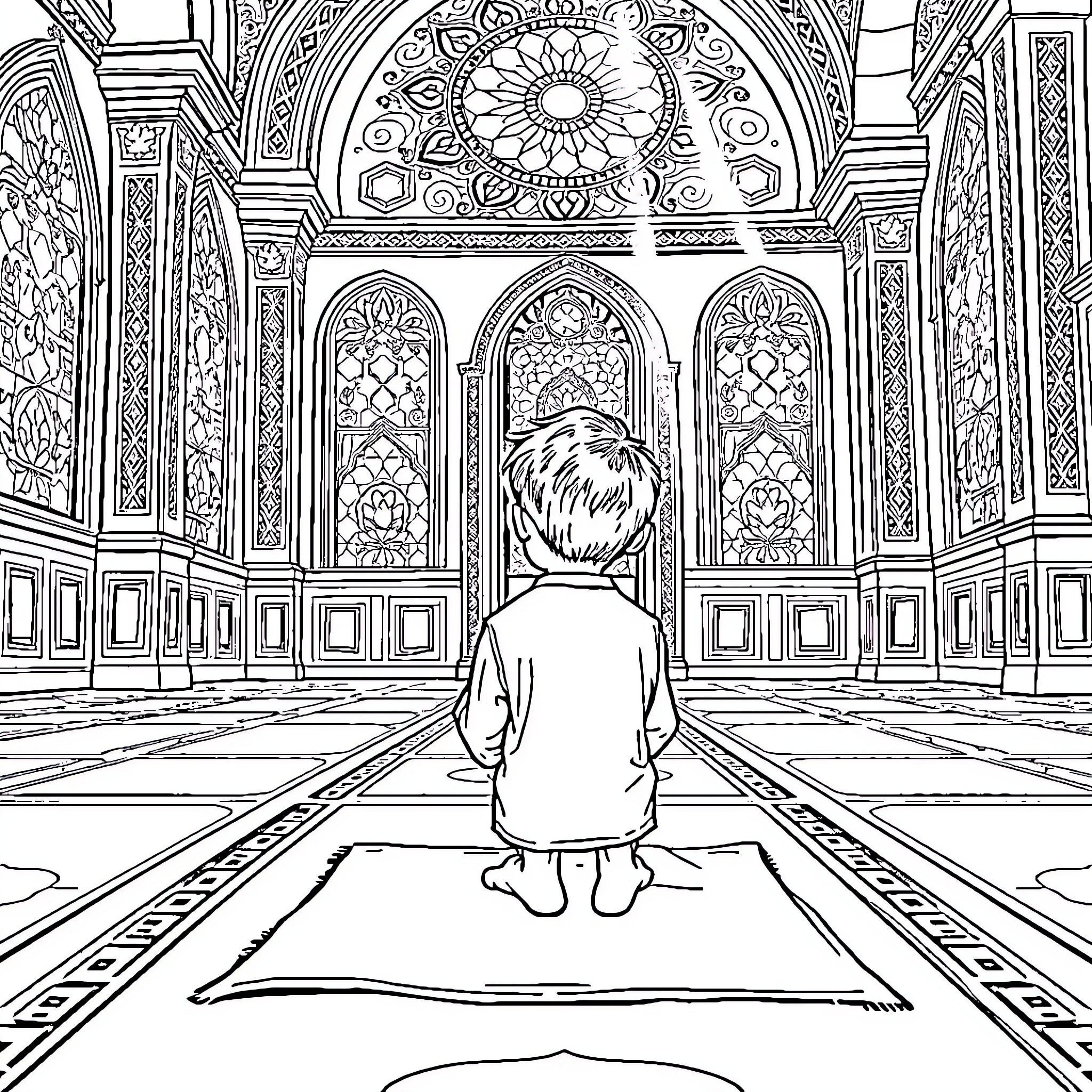 Kid exploring a grand ornate architectural space Coloring Page (free black-and-white line drawing printable PDF for all, from beginners to advanced learners, including children, teens, adults, and seniors)